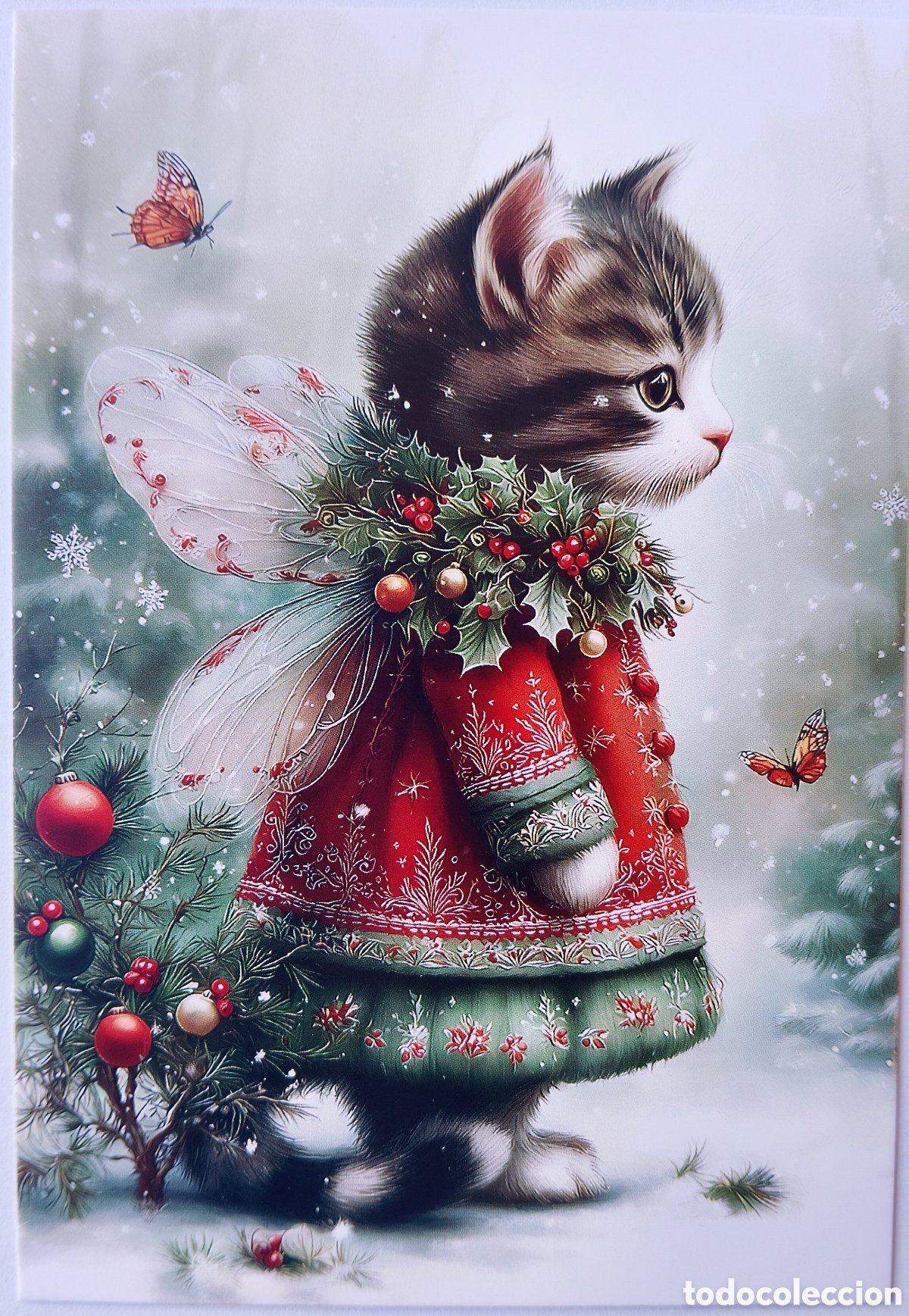Postkarten: POSTAL NAVIDAD - GATITO ADORNOS PAISAJE NEVADO - ESTILO ANTIGUO