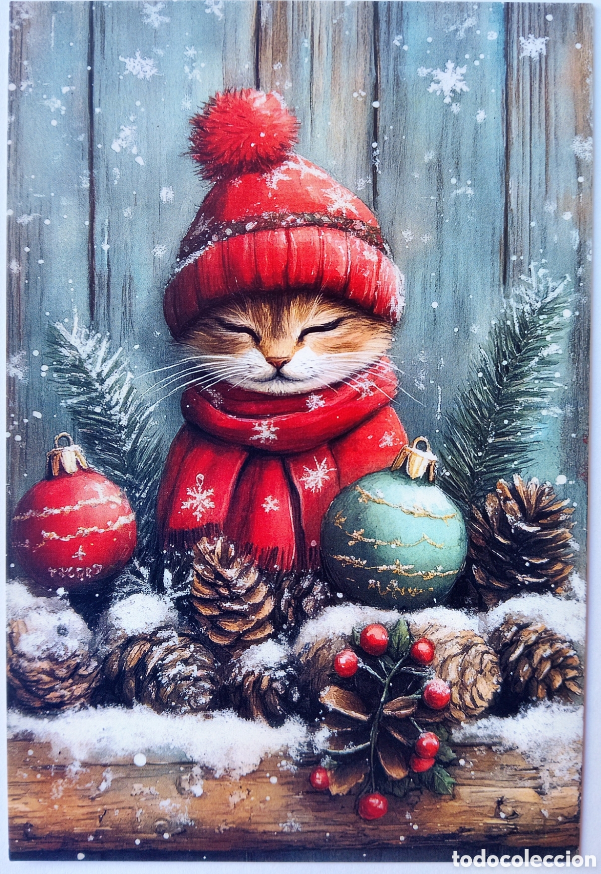 Postkarten: POSTAL NAVIDAD - GATITO ADORNOS PAISAJE NEVADO - ESTILO ANTIGUO