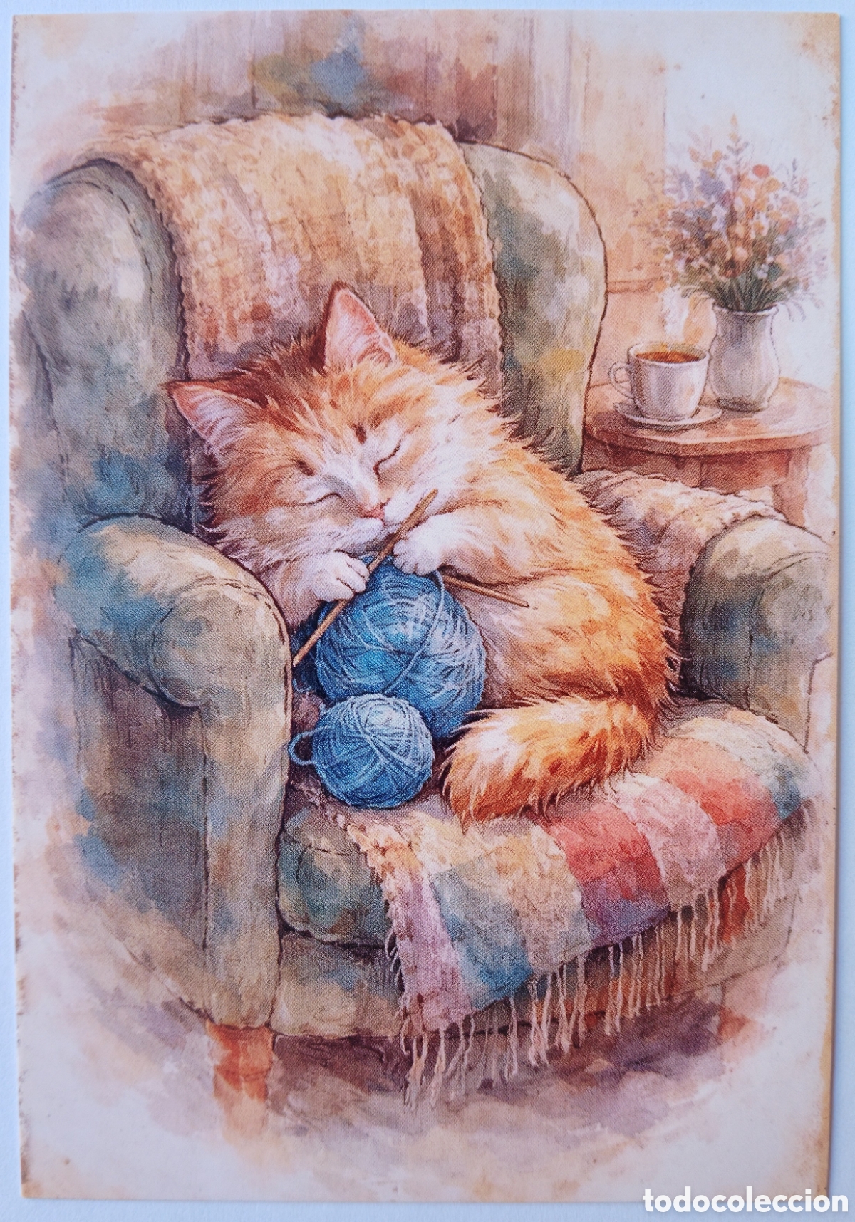 Postkarten: POSTAL NAVIDAD - GATITO SIESTA AGUJAS PUNTO LANA SILL&Oacute;N - ESTILO ANTIGUO