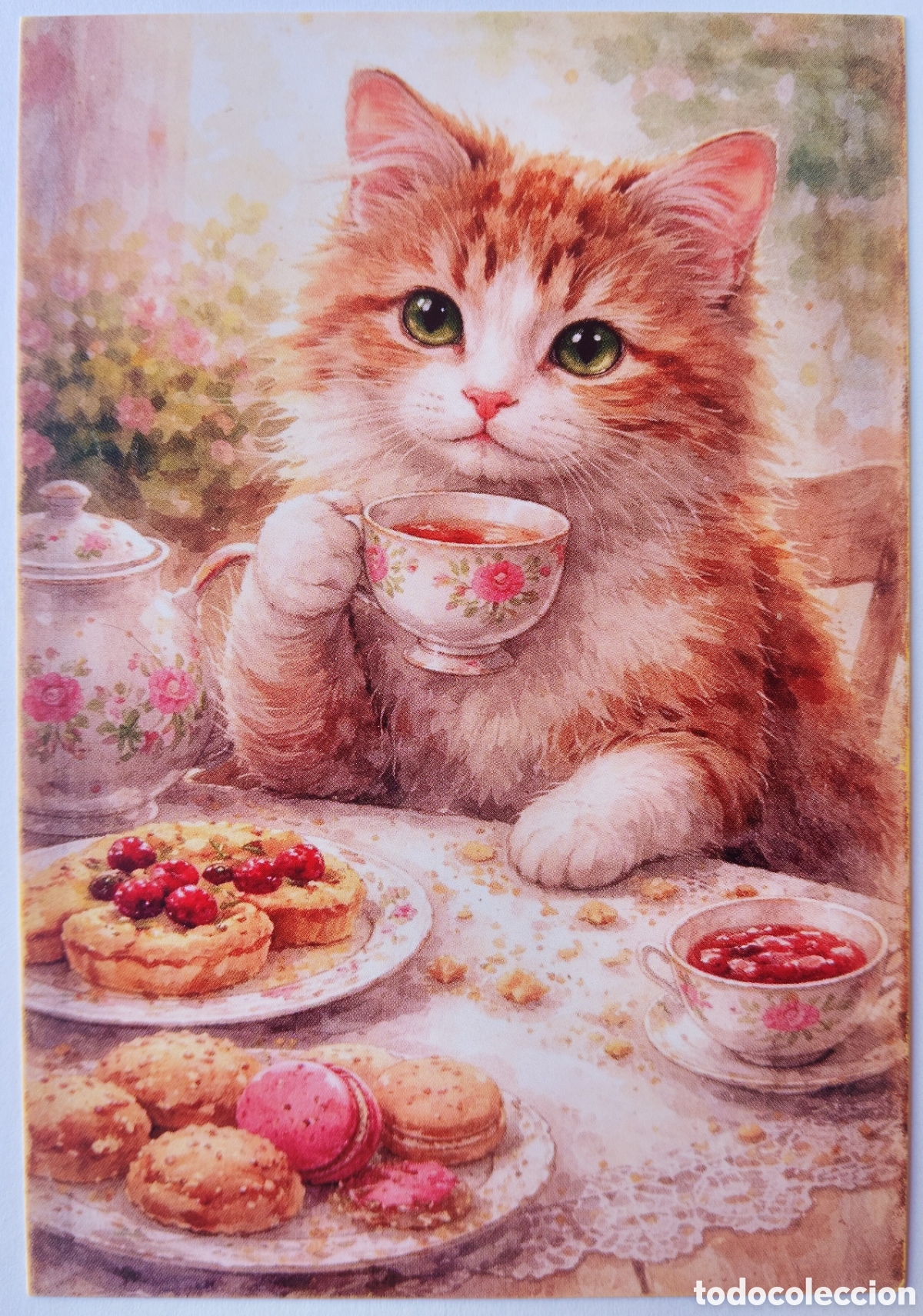 Postkarten: POSTAL NAVIDAD - GATITO TAZA T&Eacute; MERIENDA - ESTILO ANTIGUO