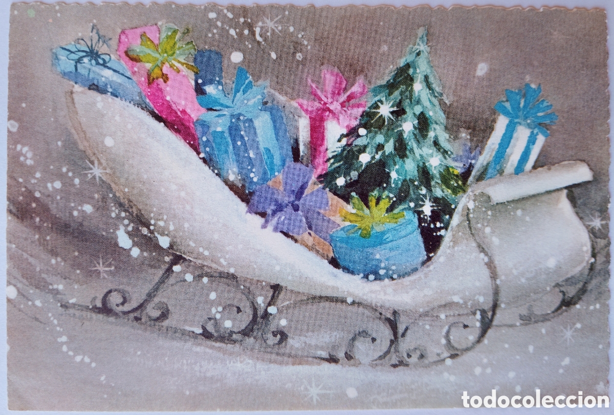 Postales: FELICITACI&Oacute;N NAVIDAD ANTIGUA - TRINEO &Aacute;RBOL REGALOS PAISAJE NEVADO