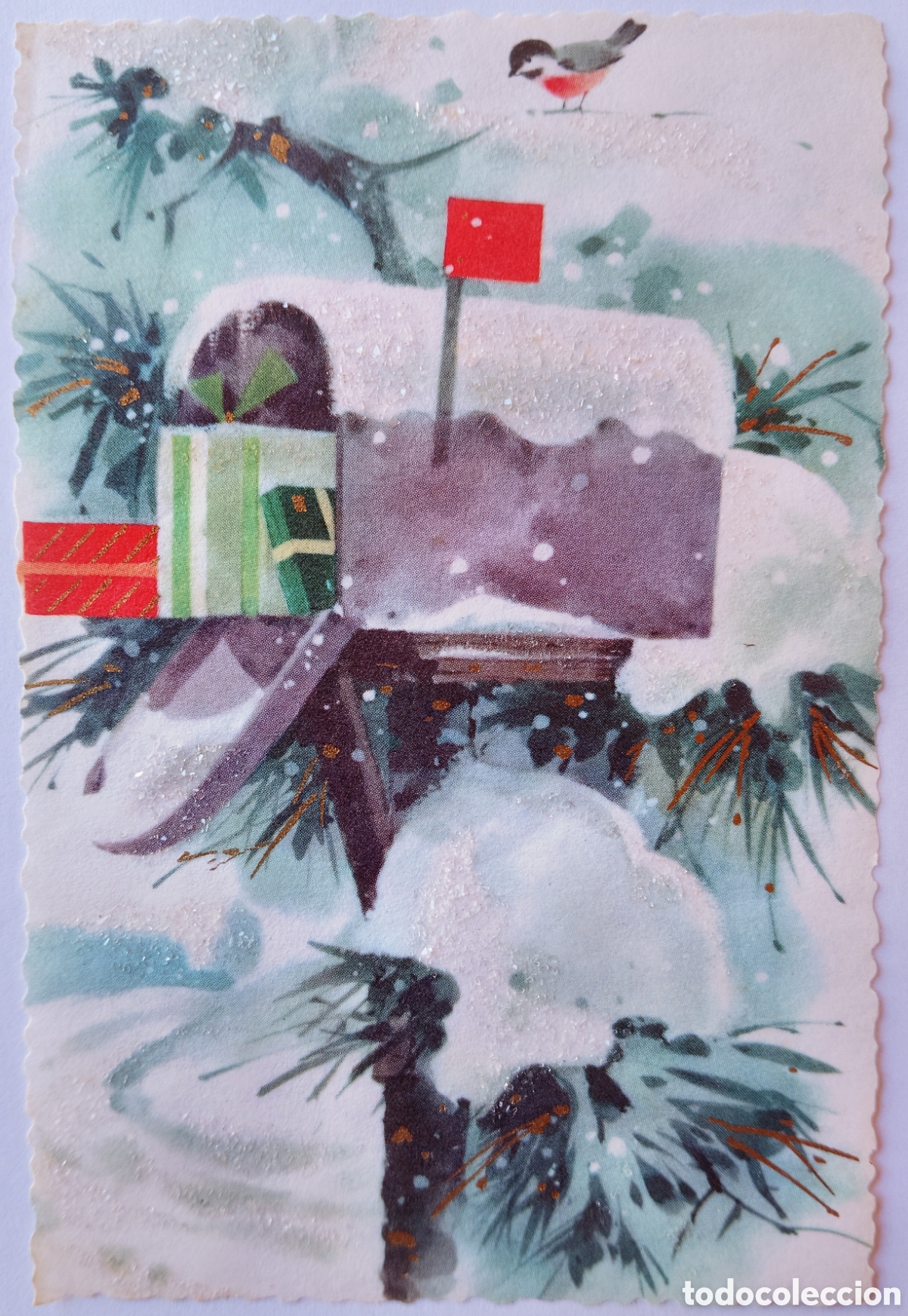 Postales: FELICITACI&Oacute;N NAVIDAD ANTIGUA - BUZ&Oacute;N PAJARITO PAISAJE NEVADO - PURPURINA