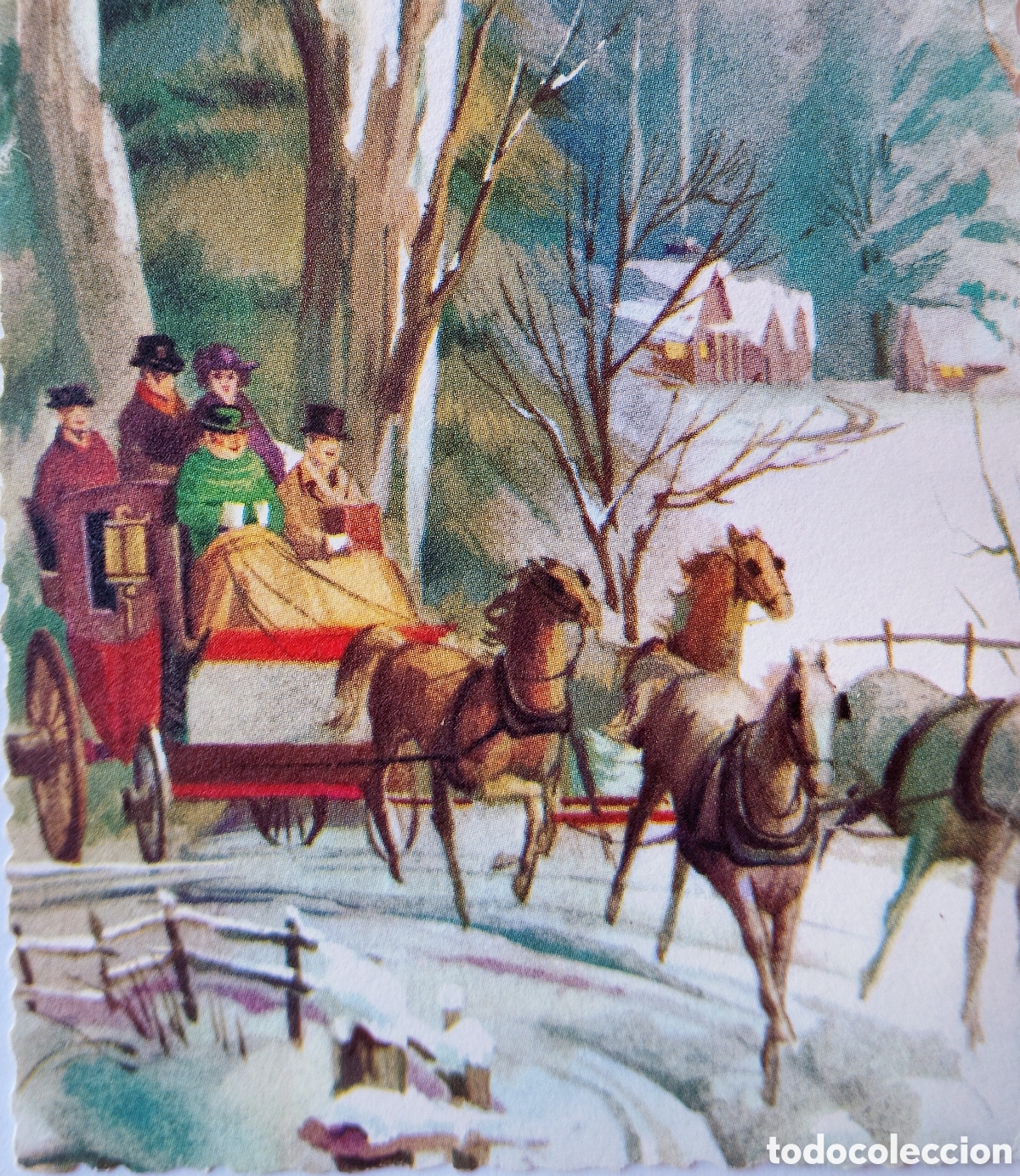 Postales: FELICITACI&Oacute;N NAVIDAD ANTIGUA - COCHE CABALLOS PAISAJE NEVADO - PURPURINA