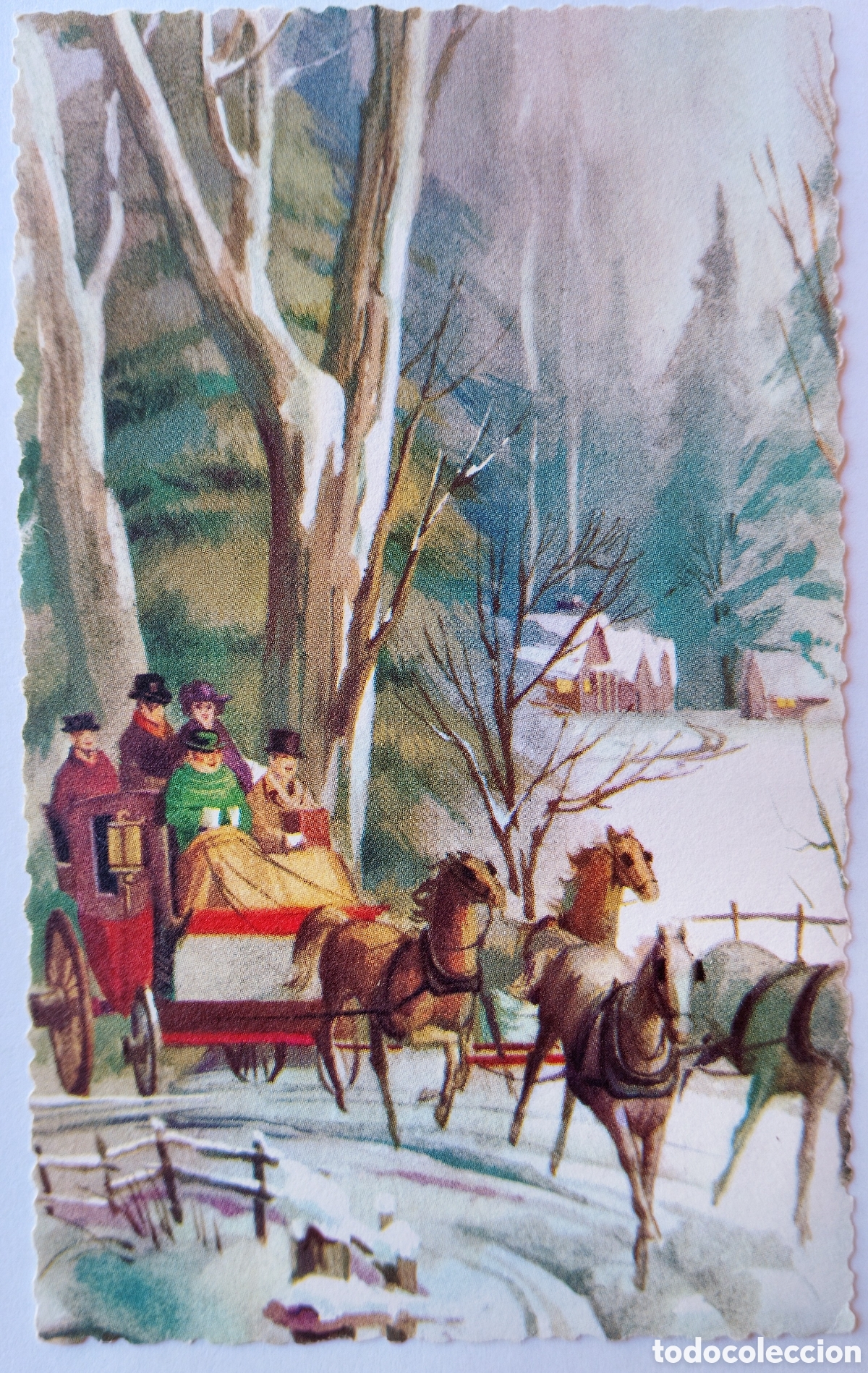 Postales: FELICITACI&Oacute;N NAVIDAD ANTIGUA - COCHE CABALLOS PAISAJE NEVADO - PURPURINA