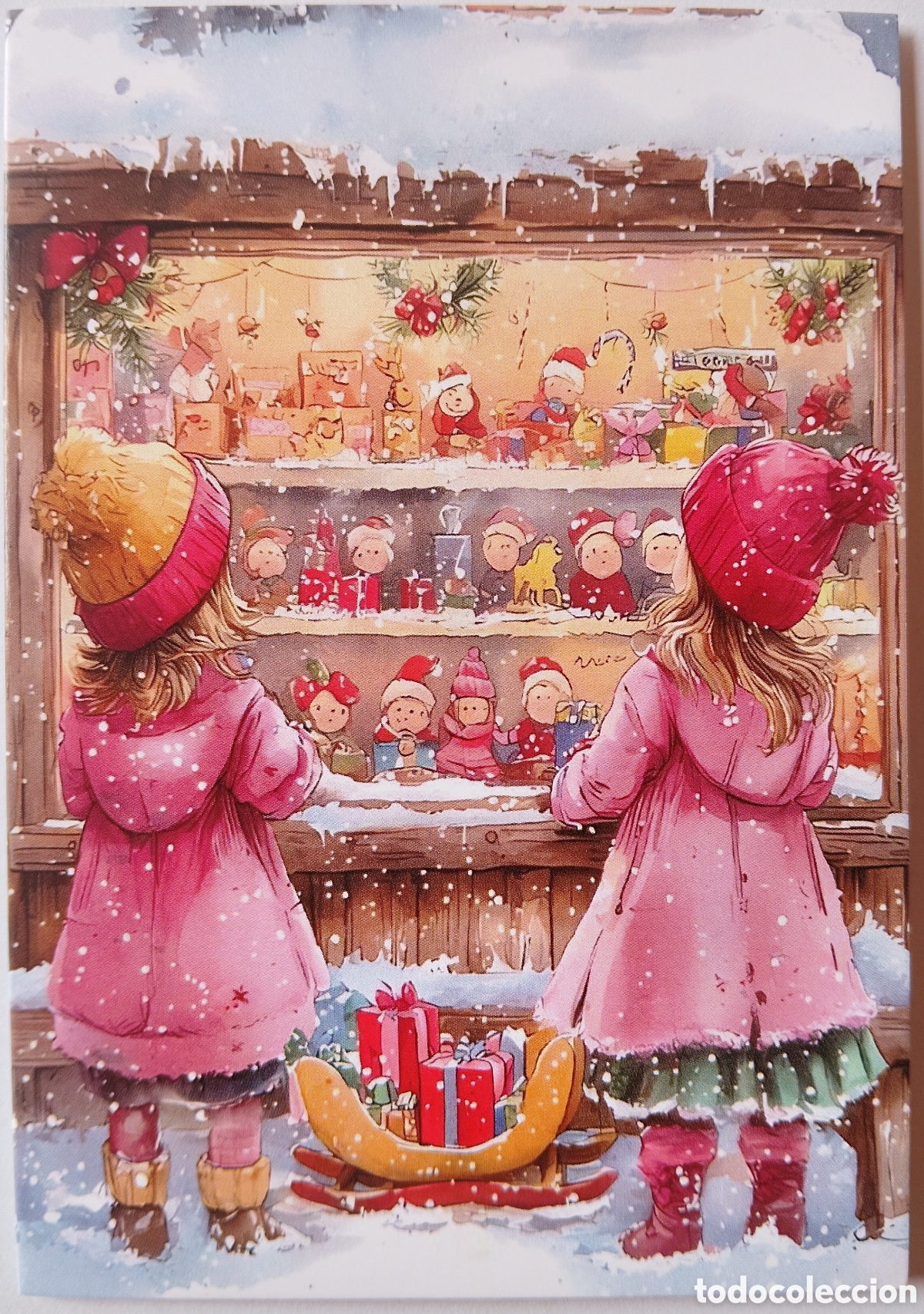 Postales: FELICITACI&Oacute;N NAVIDAD - NI&Ntilde;OS ESCAPARATE TIENDA JUGUETES PAISAJE NEVADO - ESTILO ANTIGUO
