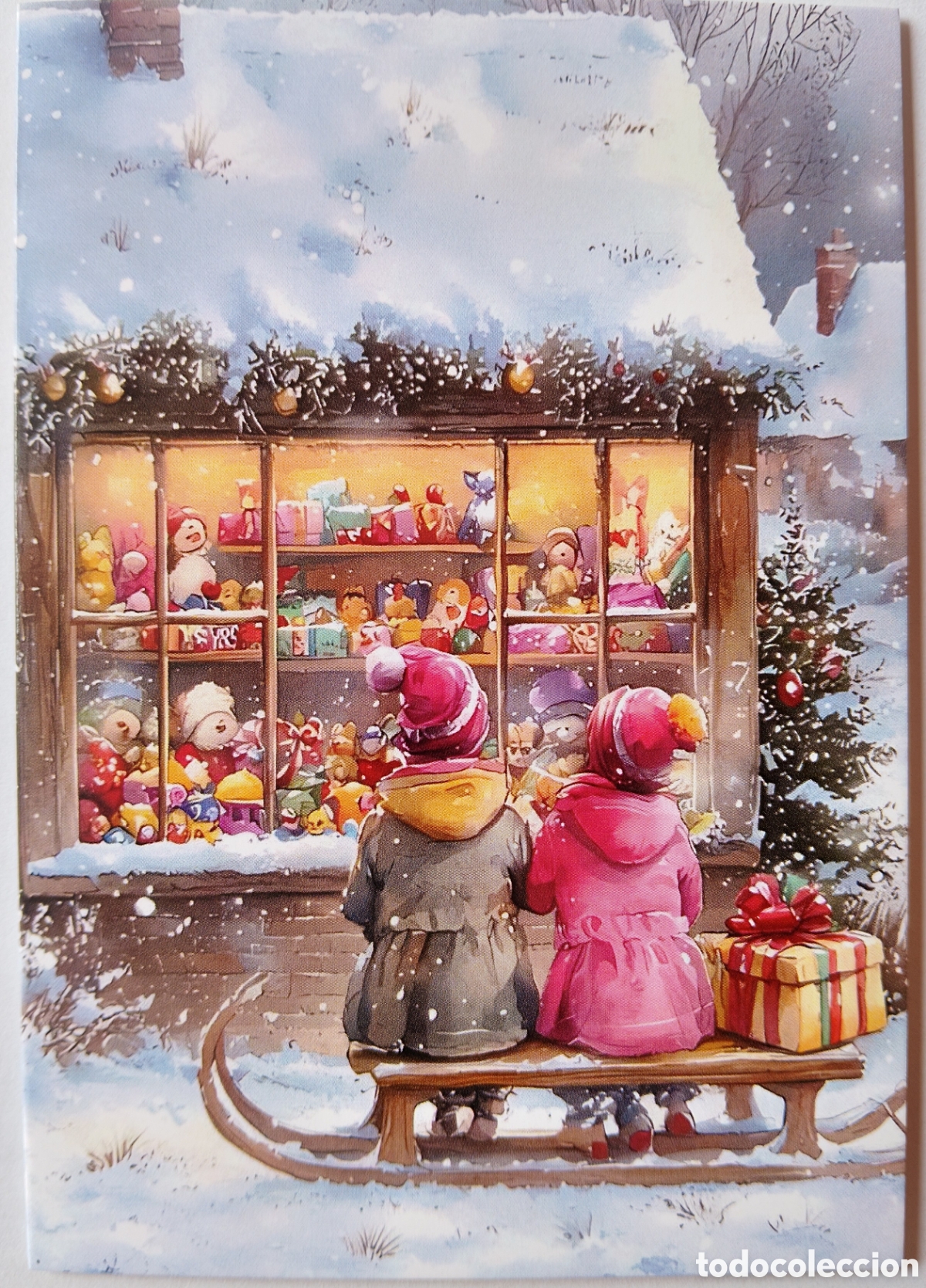 Postales: FELICITACI&Oacute;N NAVIDAD - NI&Ntilde;OS ESCAPARATE TIENDA JUGUETES PAISAJE NEVADO - ESTILO ANTIGUO