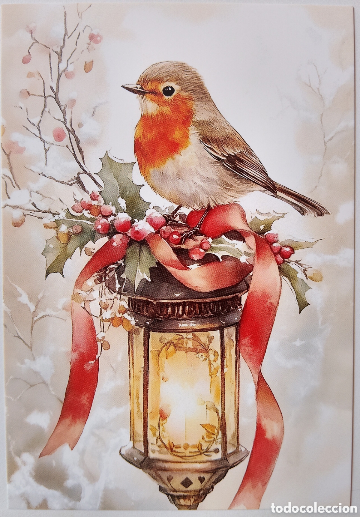 Postales: POSTAL NAVIDAD - PAJARITO PETIRROJO FAROL PAISAJE NEVADO - ESTILO ANTIGUO