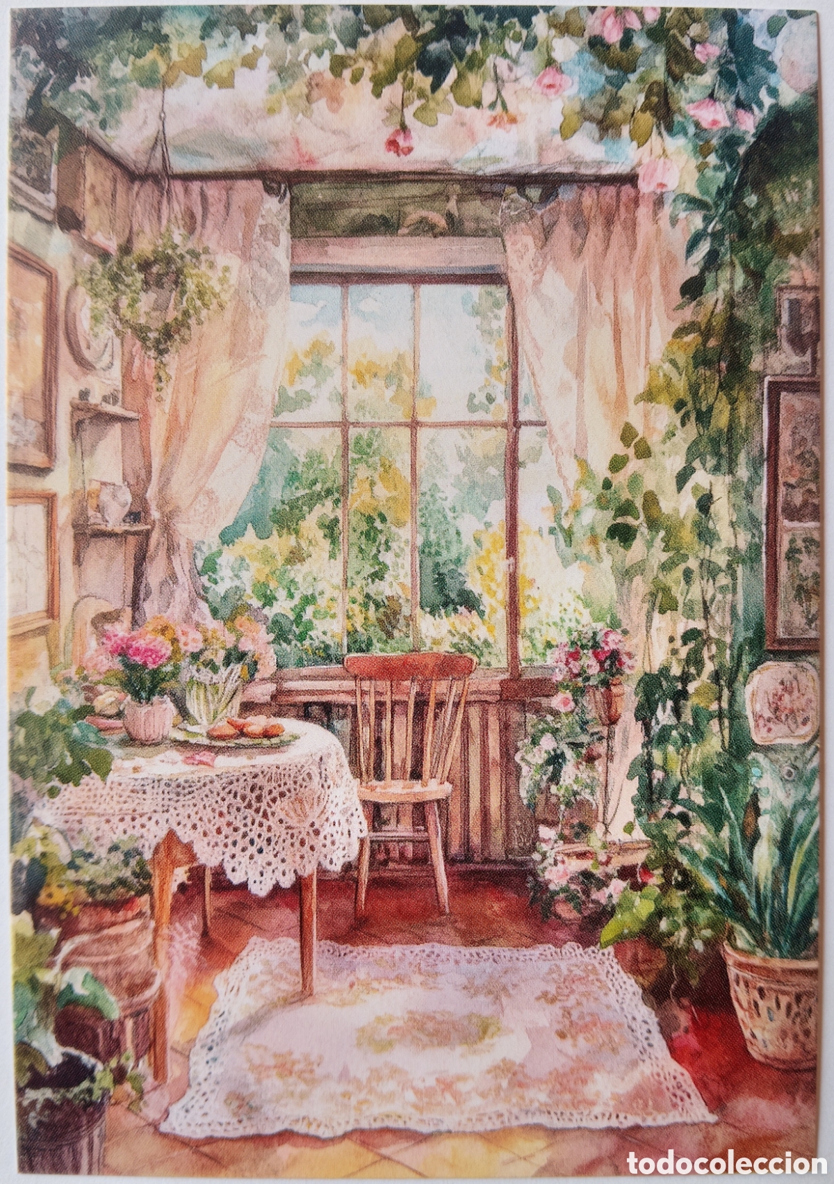 Postales: POSTAL NAVIDAD - ESCENA HOGARE&Ntilde;A SALITA MESA FLORES - ESTILO ANTIGUO