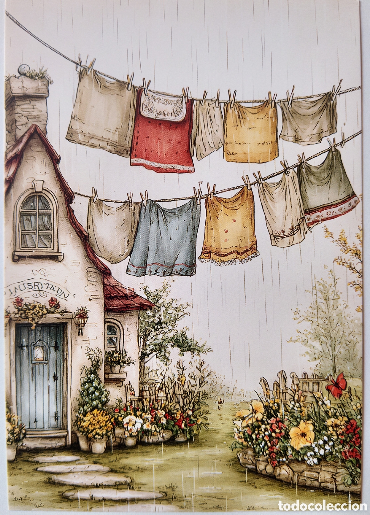 Postales: POSTAL NAVIDAD - CASA JARD&Iacute;N COLADA ROPA LLUVIA - ESTILO ANTIGUO