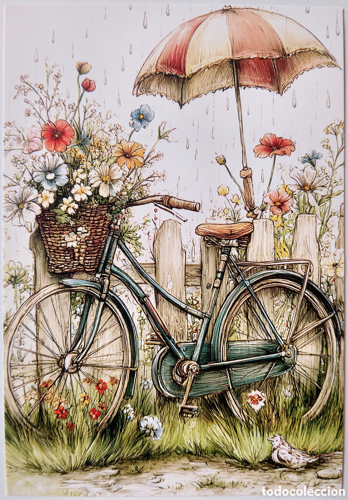 Postales: POSTAL NAVIDAD - BICICLETA FLORES PARAGUAS LLUVIA - ESTILO ANTIGUO