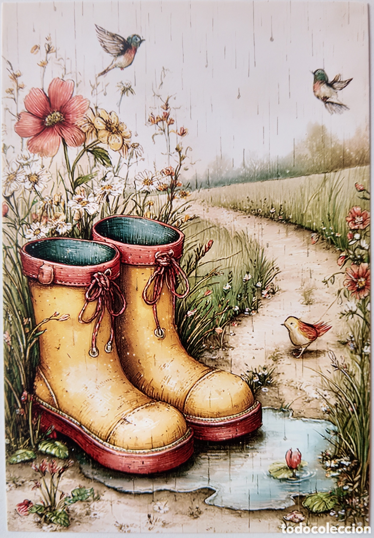 Postales: POSTAL NAVIDAD - DETALLE BOTAS DE AGUA PAJARITOS FLORES LLUVIA - ESTILO ANTIGUO