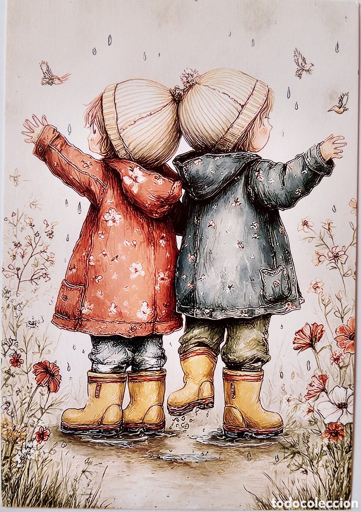 Postales: POSTAL NAVIDAD - NI&Ntilde;OS BOTAS DE AGUA PAJARITOS FLORES LLUVIA - ESTILO ANTIGUO