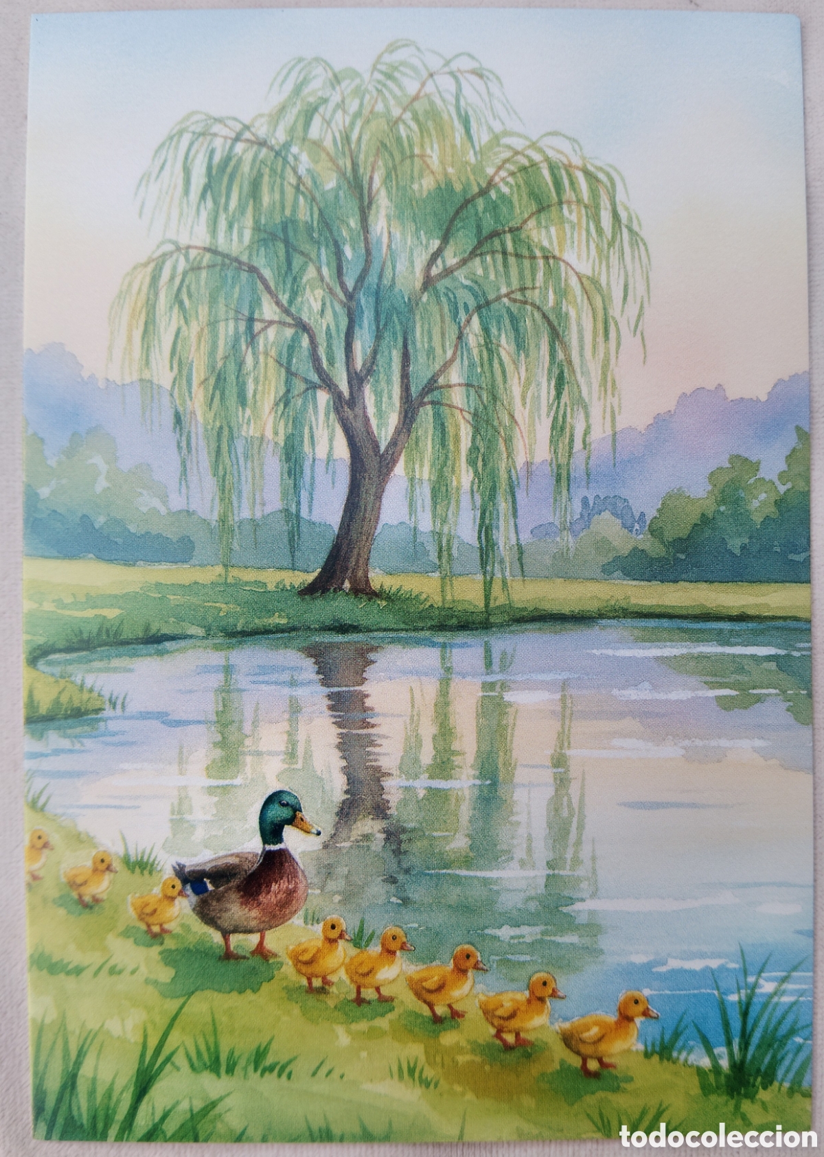 Postales: POSTAL NAVIDAD - FAMILIA PATA PATITOS SAUCE LLOR&Oacute;N ESTANQUE - ESTILO ANTIGUO