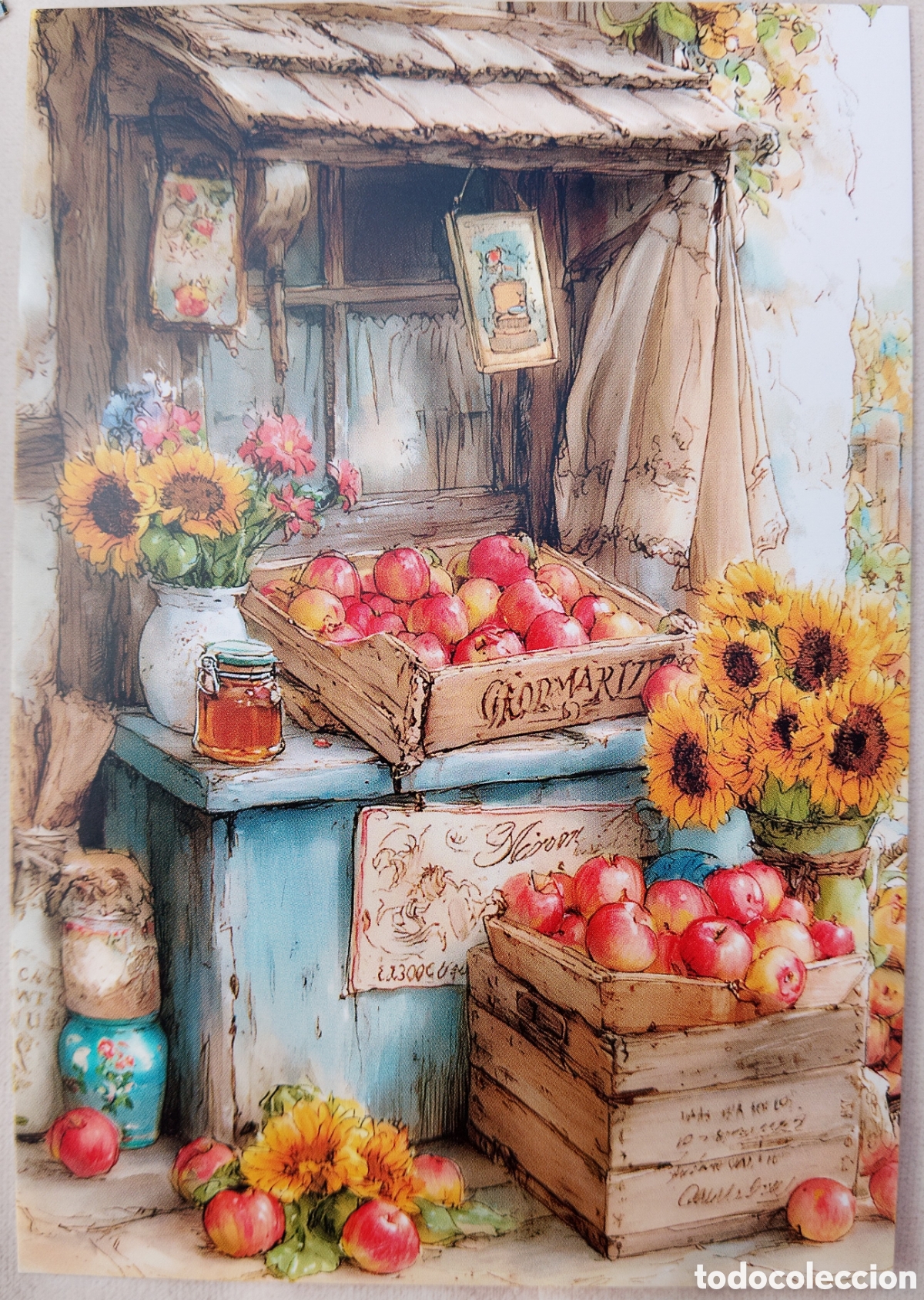 Postales: POSTAL NAVIDAD - PUESTO MERCADO FRUTAS MANZANAS GIRASOLES - ESTILO ANTIGUO