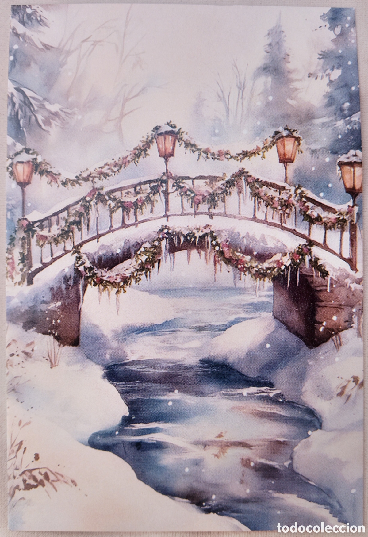 Postales: POSTAL NAVIDAD - PUENTE R&Iacute;O PAISAJE NEVADO - ESTILO ANTIGUO