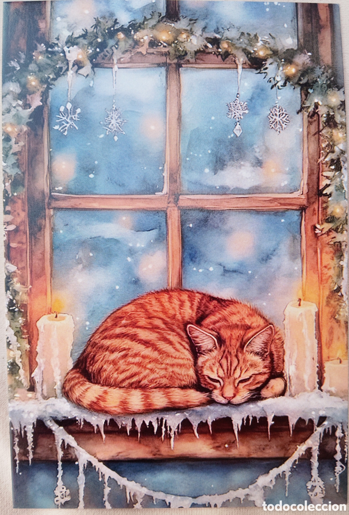 Postales: POSTAL NAVIDAD - GATITO VELAS VENTANA PAISAJE NEVADO - ESTILO ANTIGUO