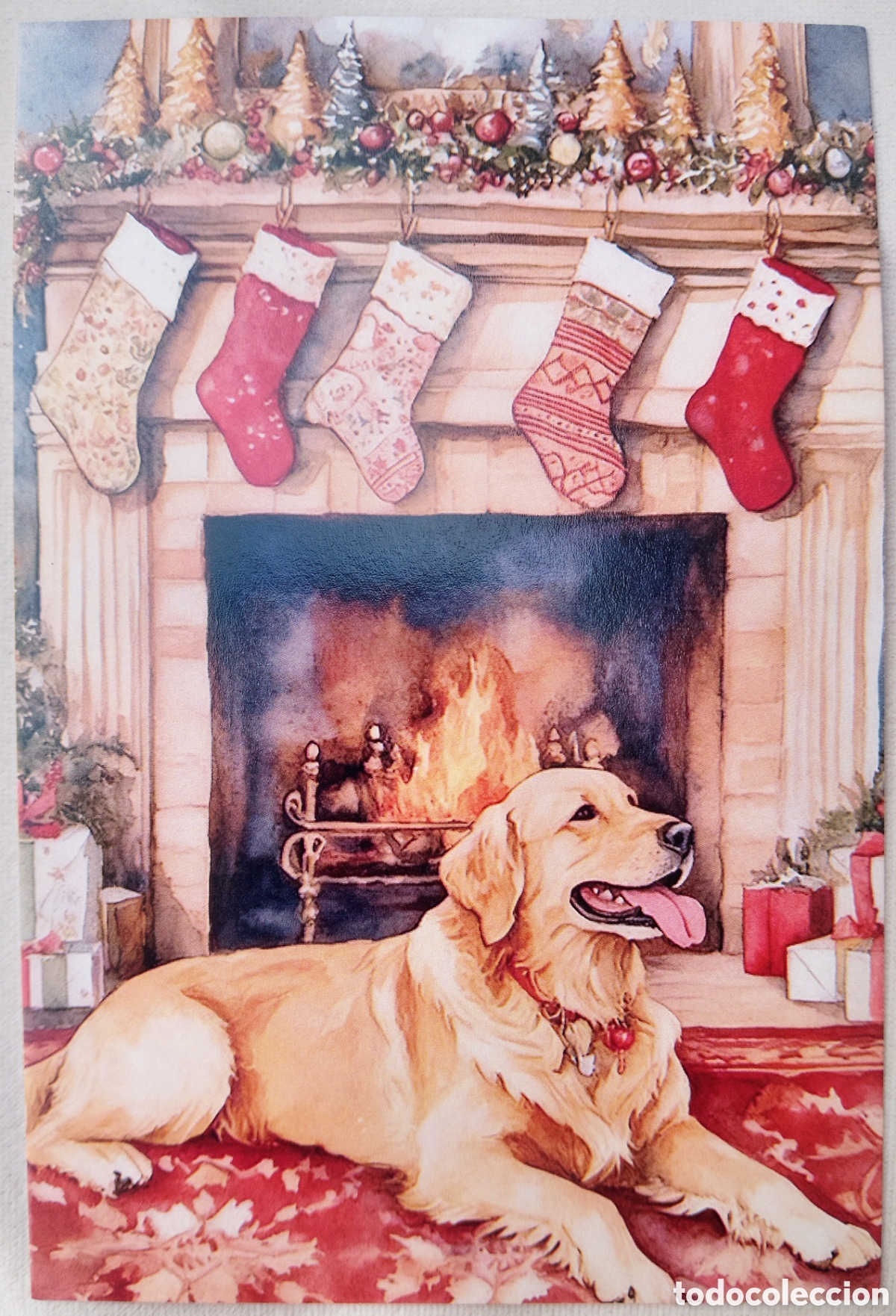 Postales: POSTAL NAVIDAD - ESCENA HOGARE&Ntilde;A PERRITO CHIMENEA - ESTILO ANTIGUO