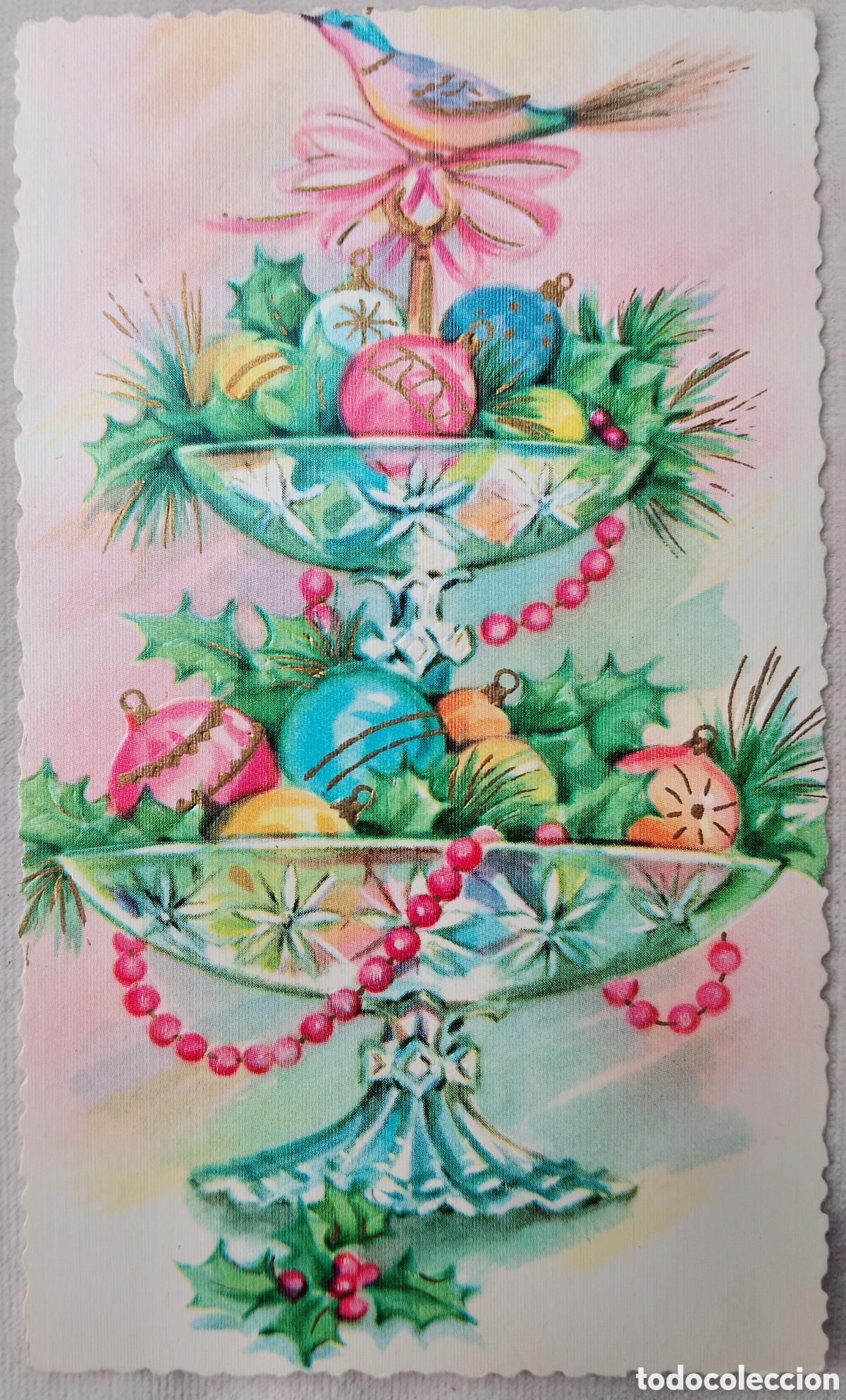 Postales: FELICITACI&Oacute;N NAVIDAD ANTIGUA RELIEVE - BOLAS ADORNOS PAJARITO