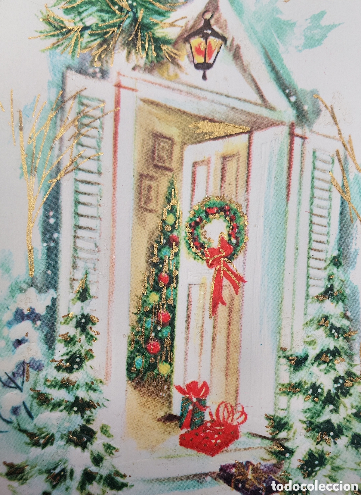 Postales: FELICITACI&Oacute;N NAVIDAD ANTIGUA RELIEVE - PUERTA CASA &Aacute;RBOL PAISAJE NEVADO - PURPURINA