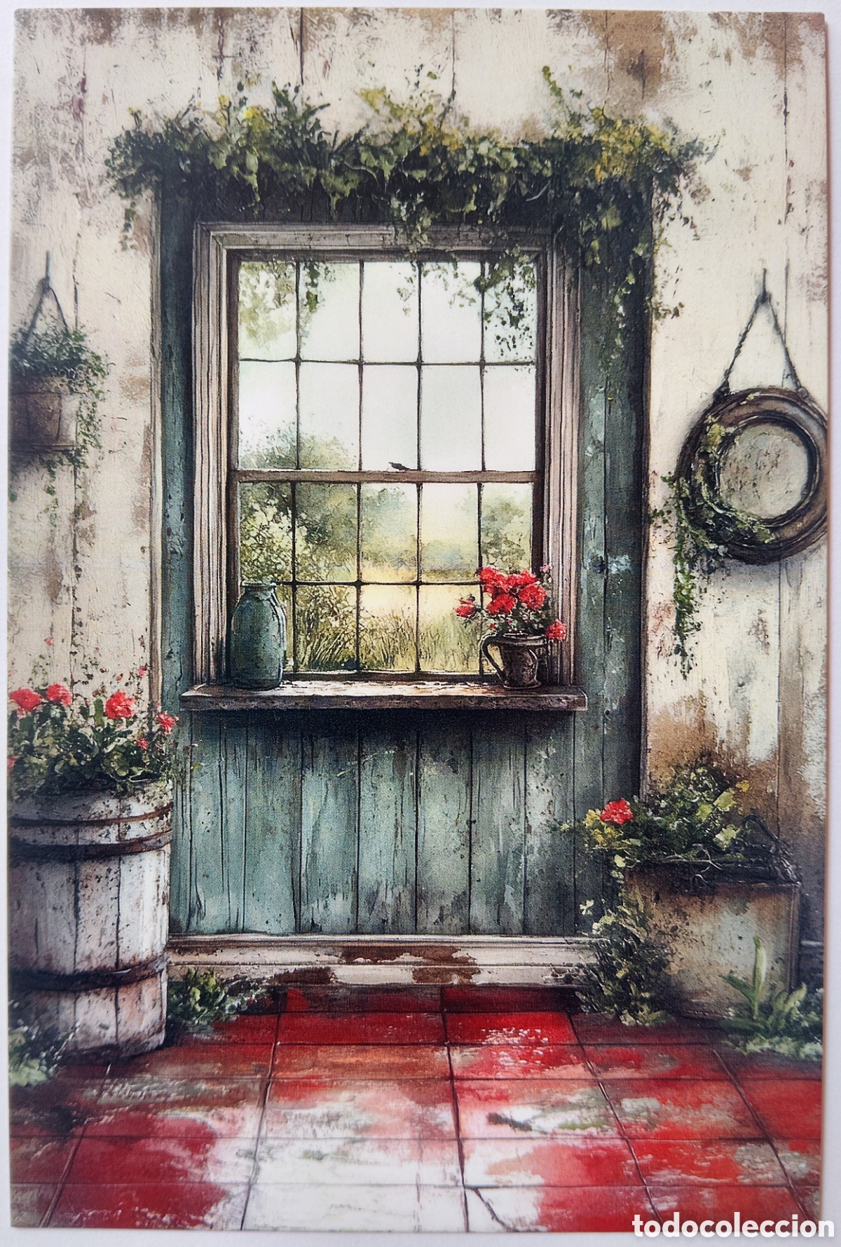 Postales: POSTAL NAVIDAD - ESCENA HOGARE&Ntilde;A VENTANA FLORES - ESTILO ANTIGUO