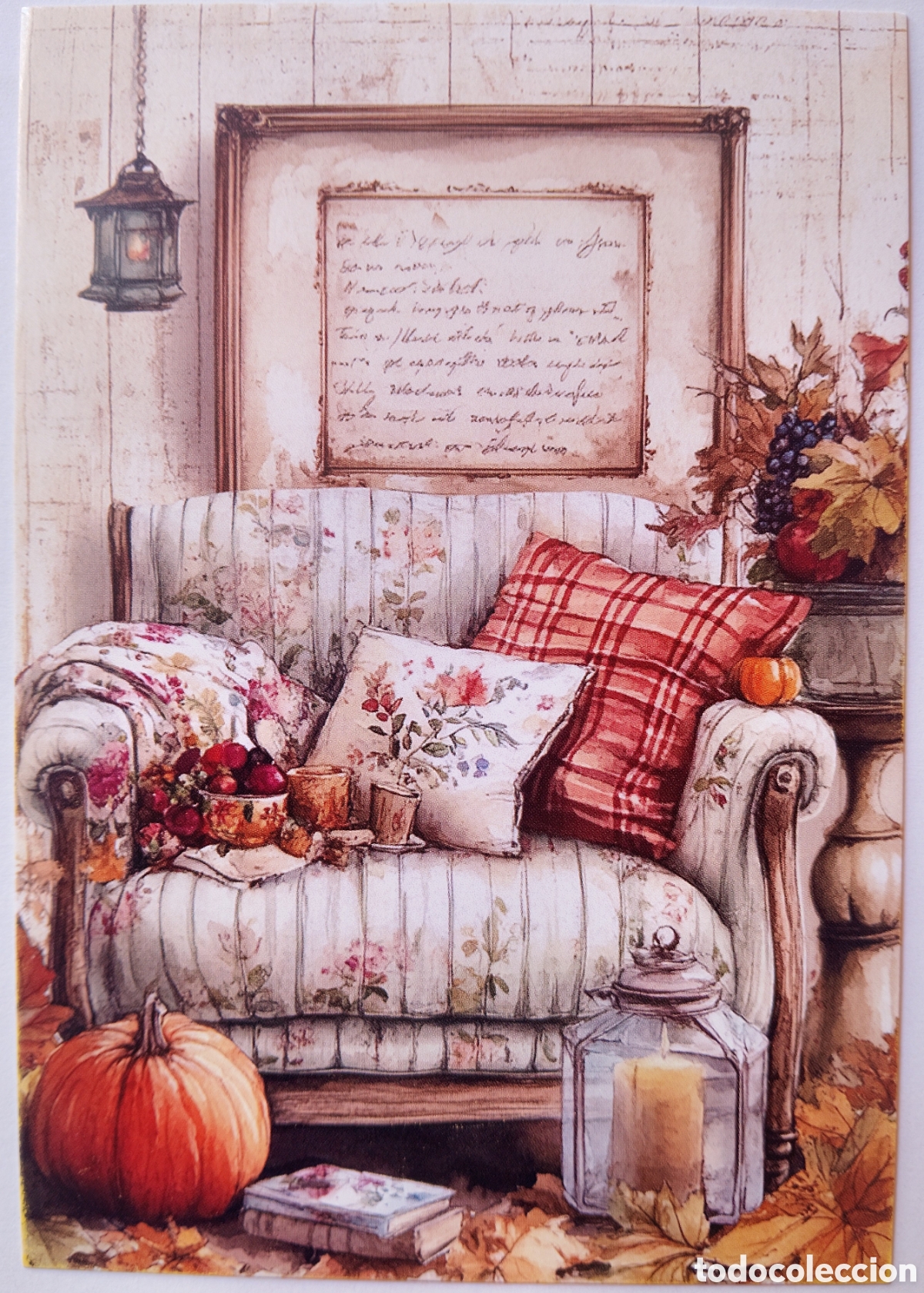 Postales: POSTAL NAVIDAD - ESCENA HOGARE&Ntilde;A SILL&Oacute;N MERIENDA FLORES - ESTILO ANTIGUO