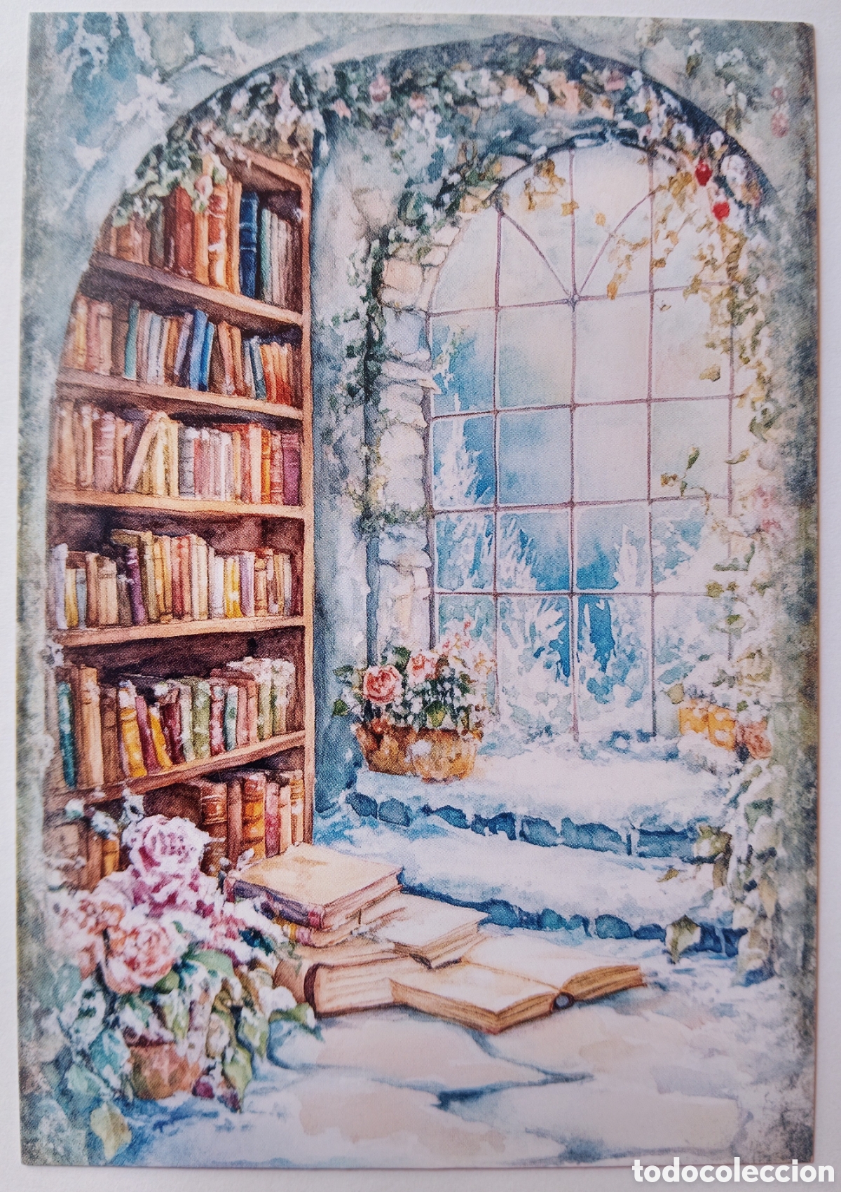 Postales: POSTAL NAVIDAD - ESCENA HOGARE&Ntilde;A ESTANTER&Iacute;A LIBROS VENTANAL PAISAJE NEVADO - ESTILO ANTIGUO