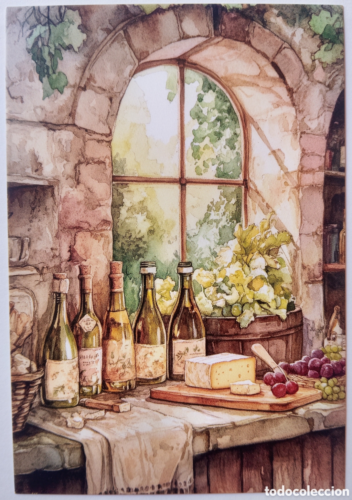 Postales: POSTAL NAVIDAD - ESCENA HOGARE&Ntilde;A COCINA VINOS QUESO FRUTA FLORES - ESTILO ANTIGUO