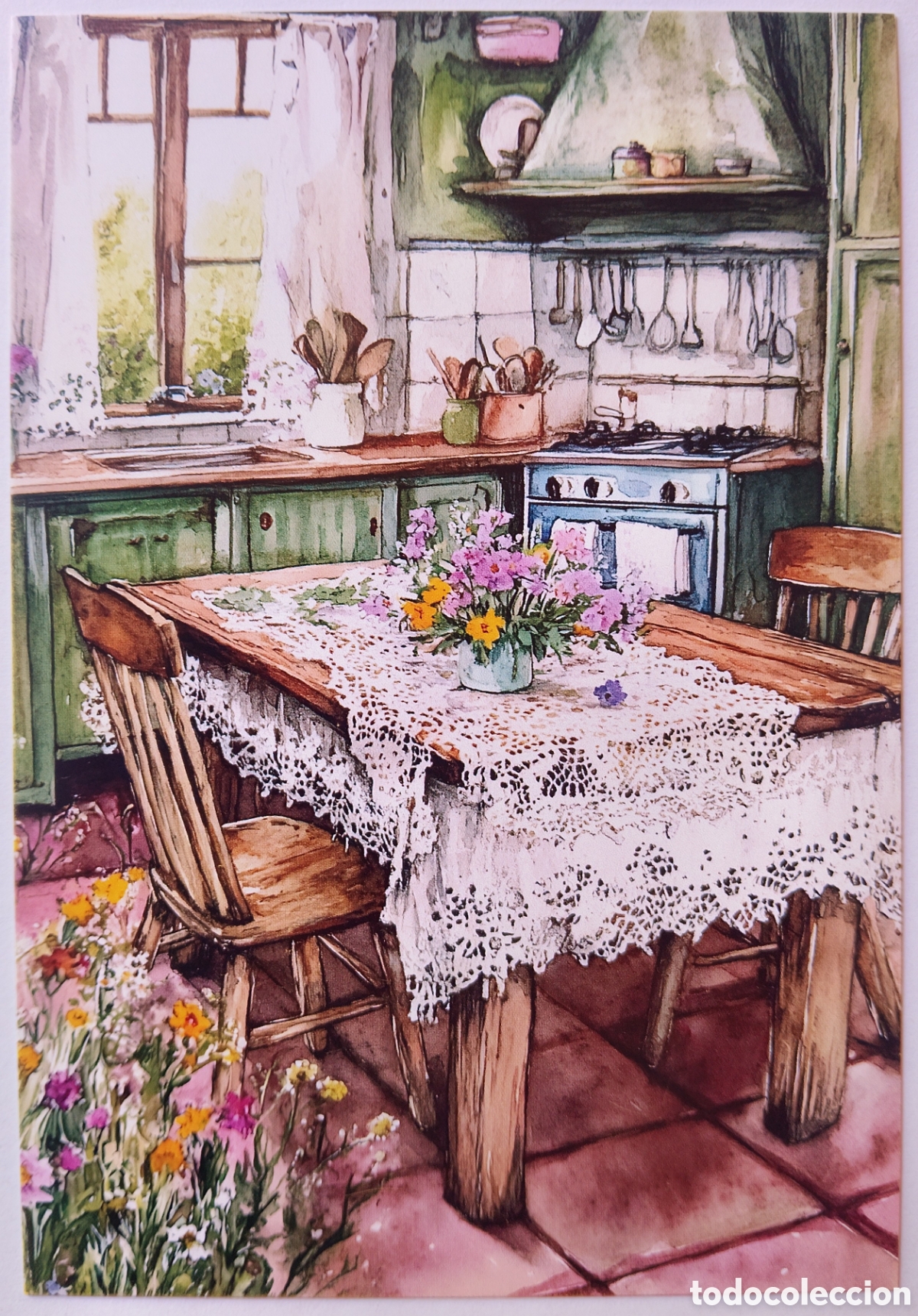 Postales: POSTAL NAVIDAD - ESCENA HOGARE&Ntilde;A COCINA MESA FLORES - ESTILO ANTIGUO