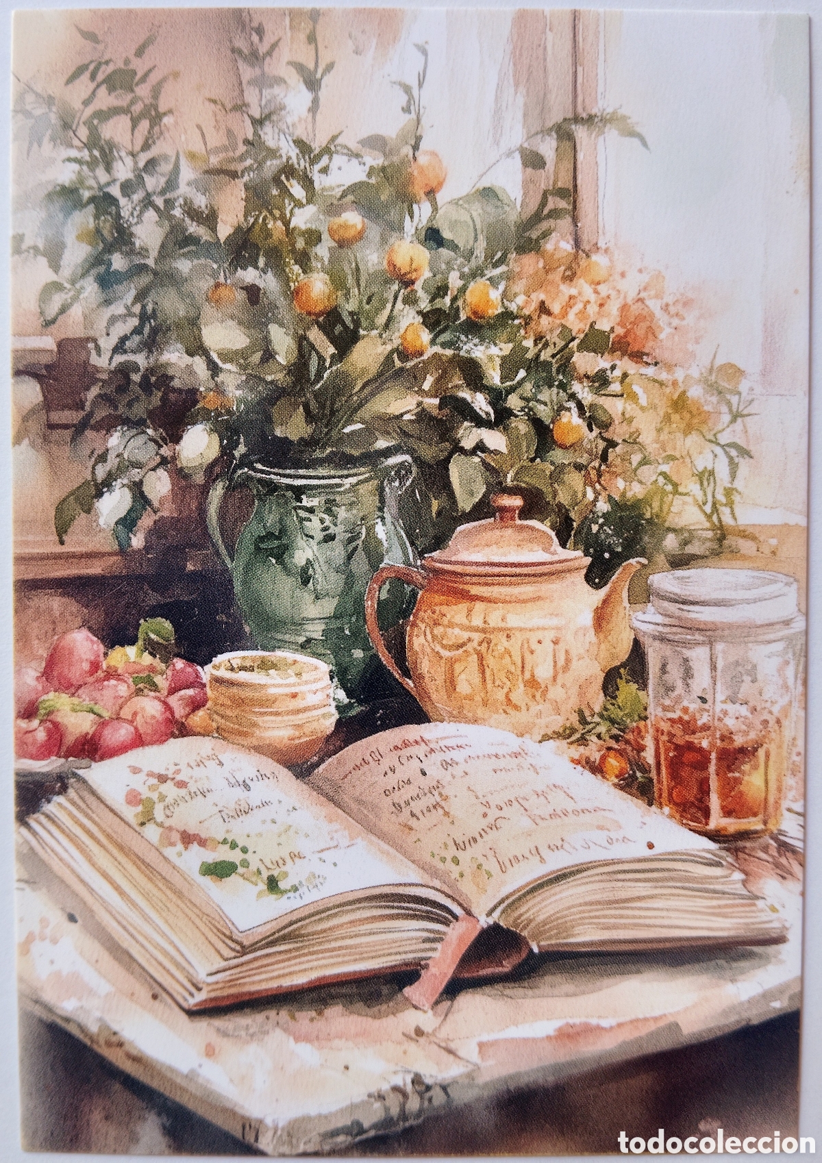 Postales: POSTAL NAVIDAD - DETALLE COCINA T&Eacute; LIBRO FLORES - ESTILO ANTIGUO