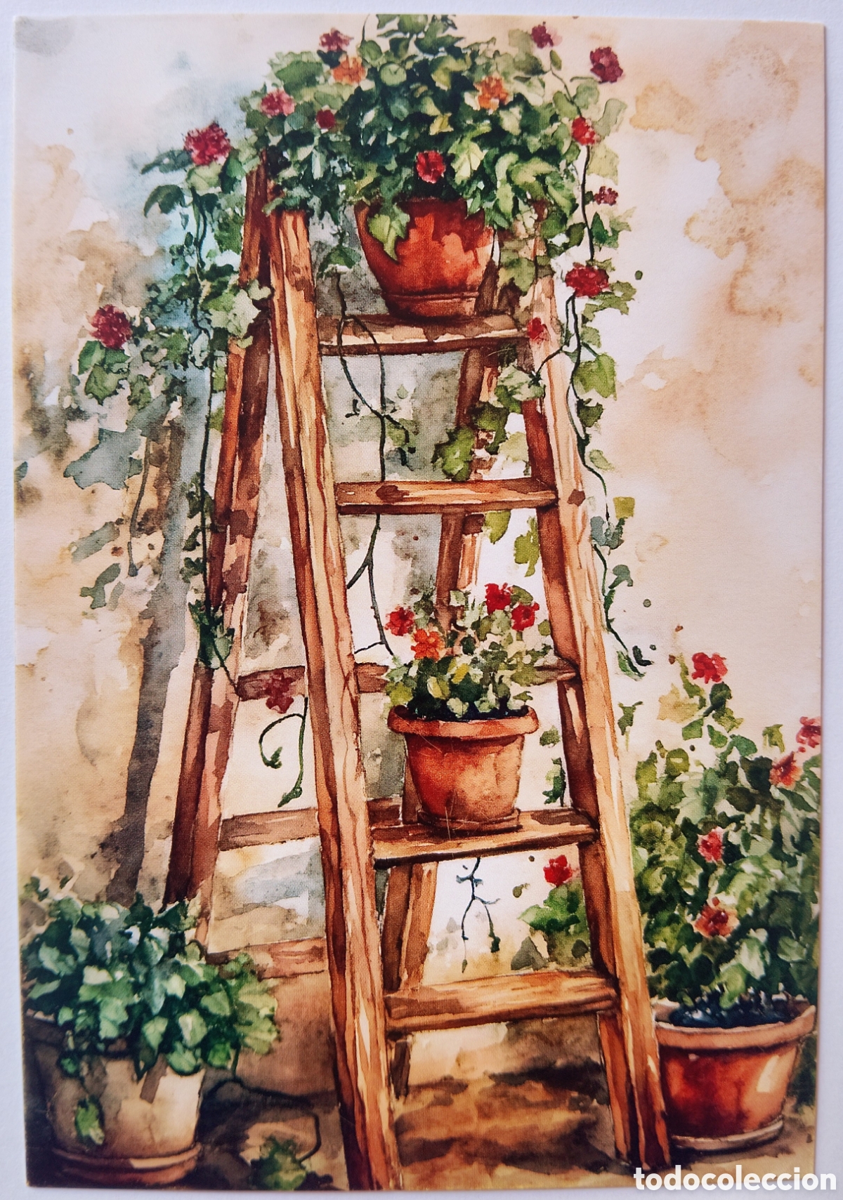 Postales: POSTAL NAVIDAD - DETALLE ESCALERA MADERA MACETAS FLORES - ESTILO ANTIGUO