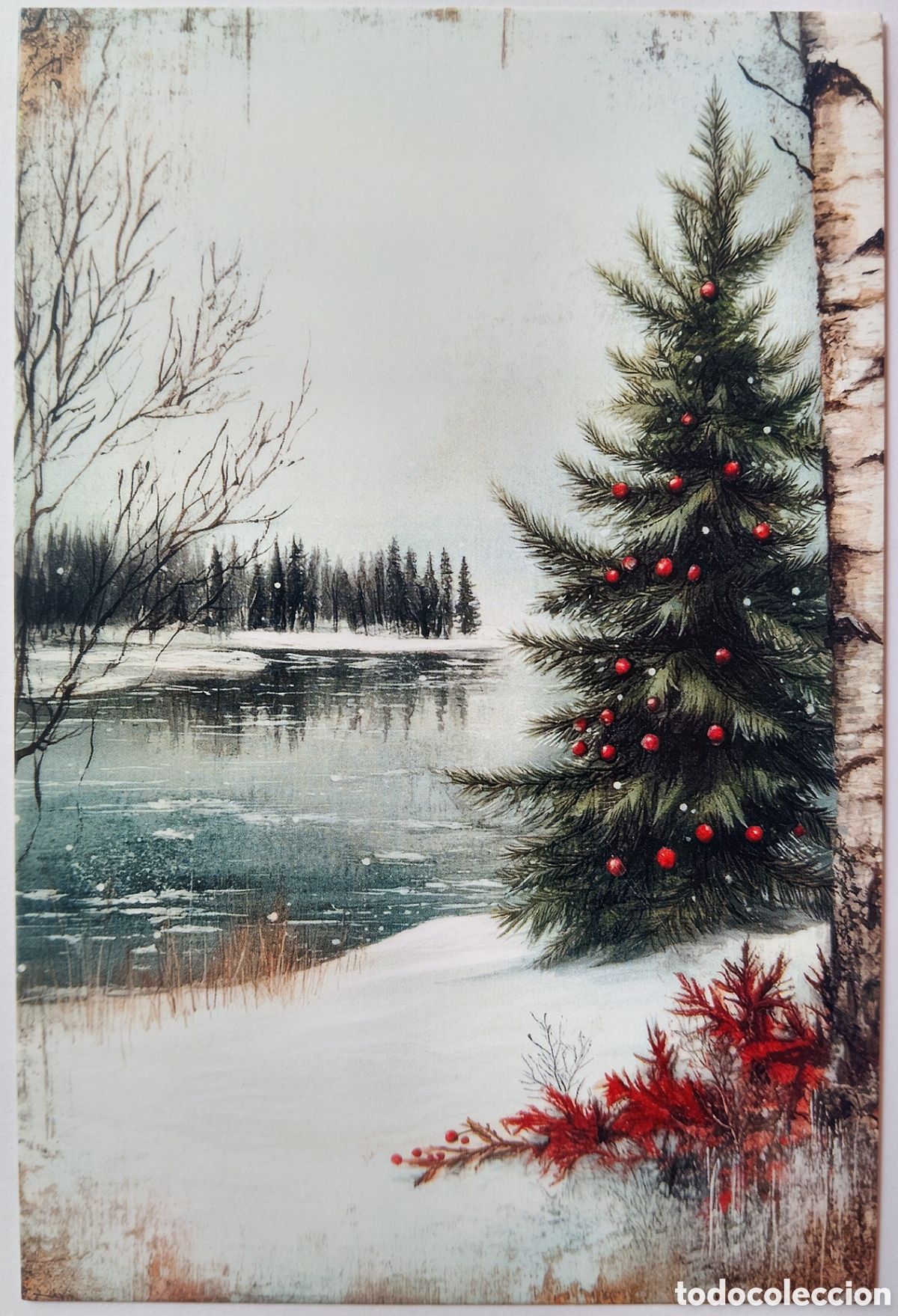Postales: POSTAL NAVIDAD - &Aacute;RBOL LAGO PAISAJE NEVADO - ESTILO ANTIGUO