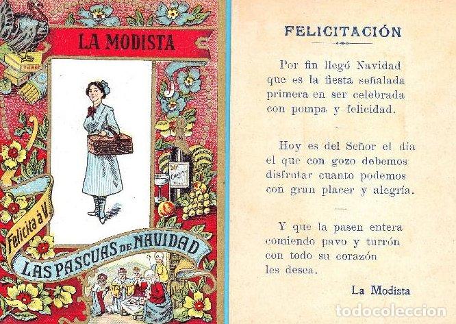 Postales: FELICITACI&Oacute;N NAVIDE&Ntilde;A: LA MODISTA FELICITA A V. LAS PASCUAS DE NAVIDAD, SIN FECHA.