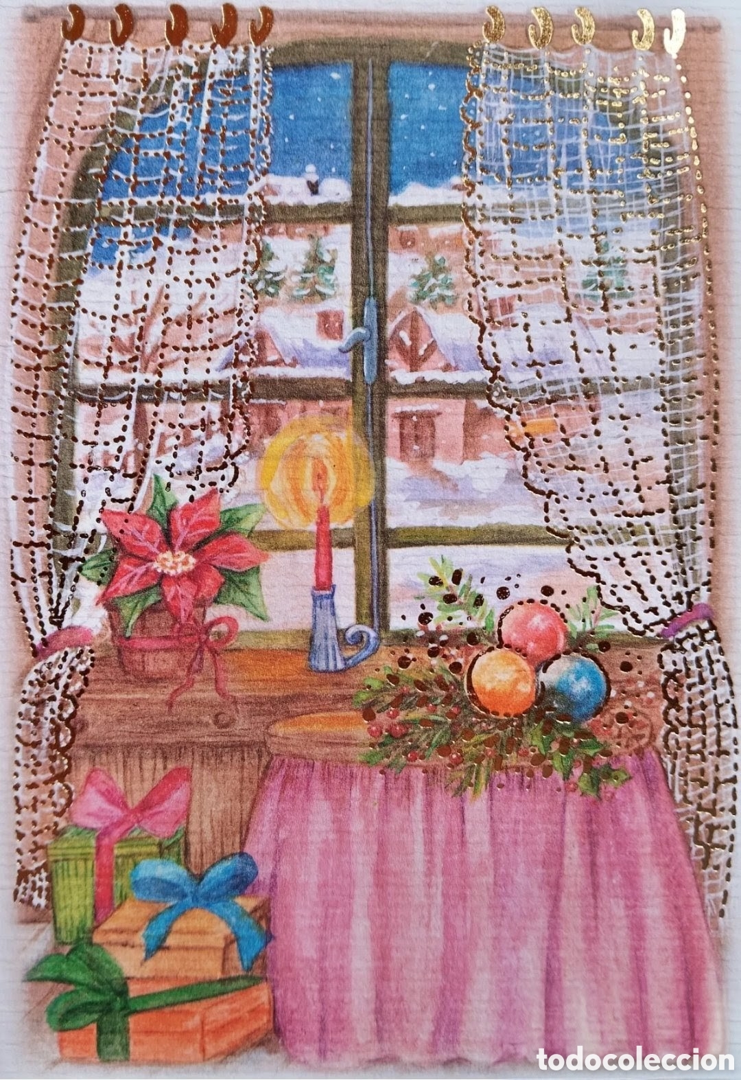 Postales: FELICITACI&Oacute;N NAVIDAD - ERG - EDICROMO - ESCENA HOGARE&Ntilde;A VENTANA PAISAJE NEVADO
