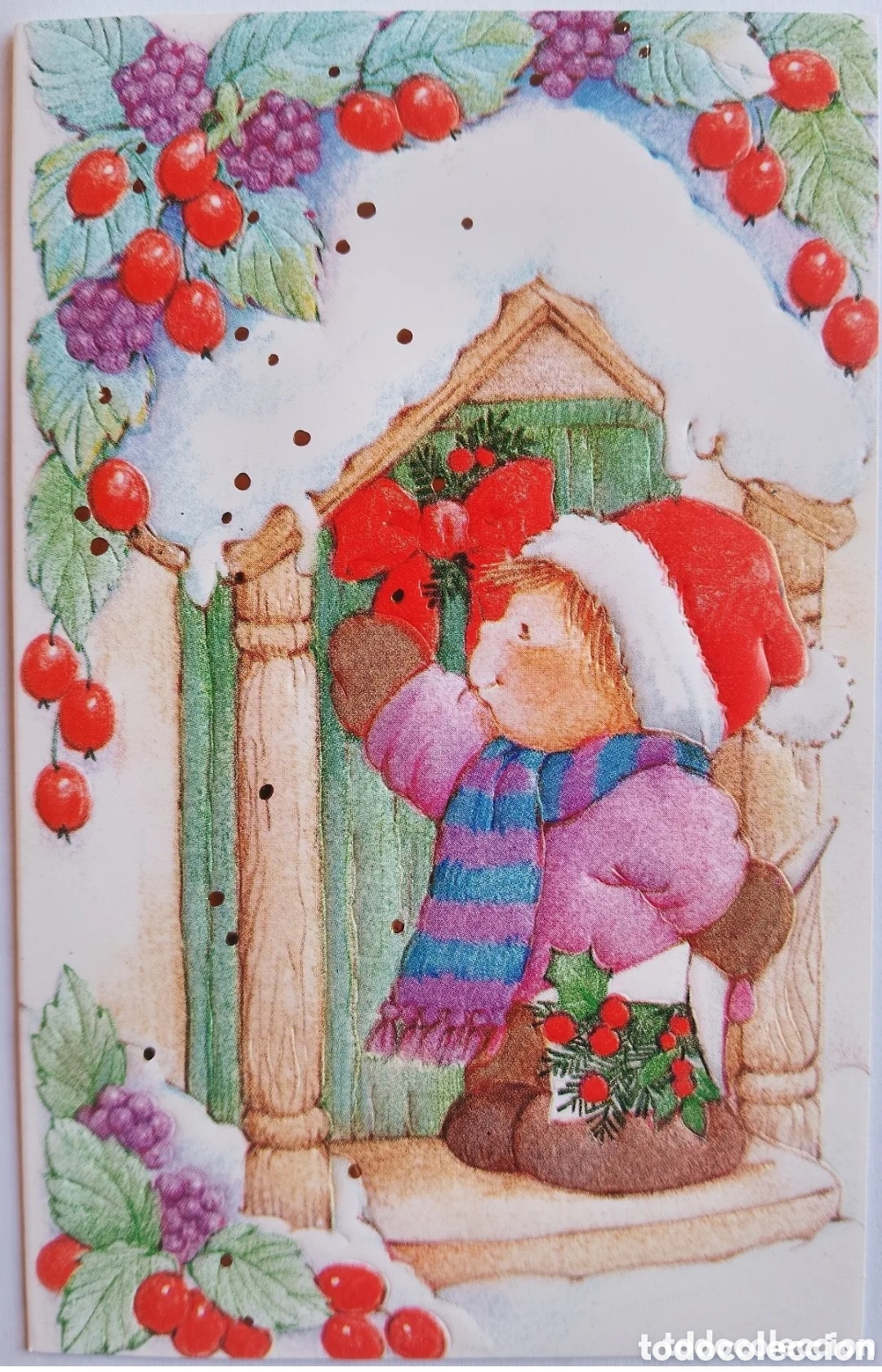 Postales: FELICITACI&Oacute;N NAVIDAD RELIEVE - EDICIONES ESTAMPA - NI&Ntilde;O PUERTA BAYAS ACEBO