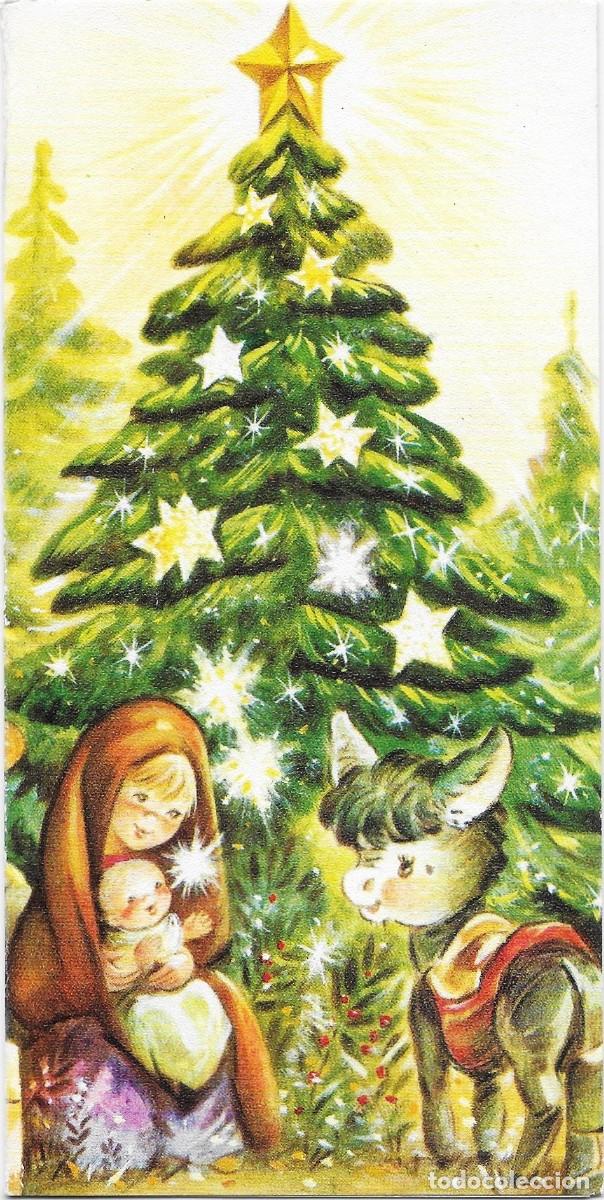Postales: 7004P- EDICIONES COLECCI&Oacute;N PERLA 6533.B - LA VIRGEN Y EL NI&Ntilde;O, BORRICO, ABETO, DIPTICA 16X8 CM