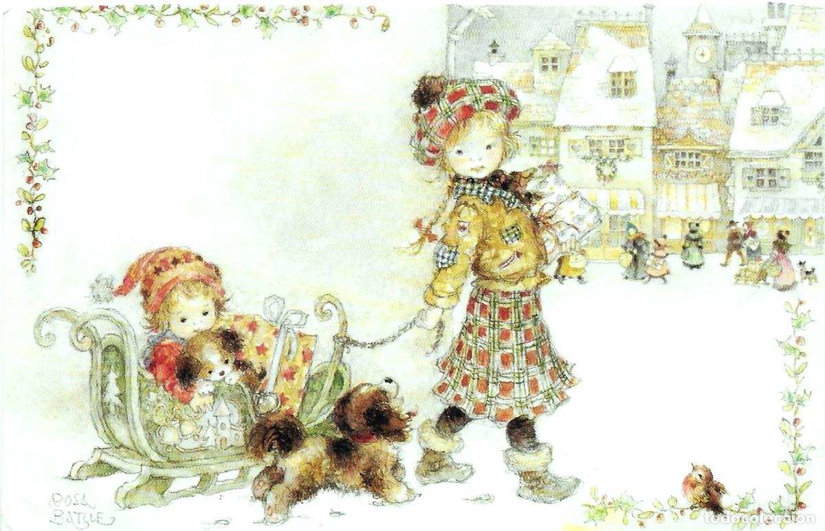 Cartoline: 7309P - ROSA BATLLE - NI&Ntilde;A, TRINEO, PERRITOS -PRECIOSA POSTAL NAVIDE&Ntilde;A - 15X9,5 CM