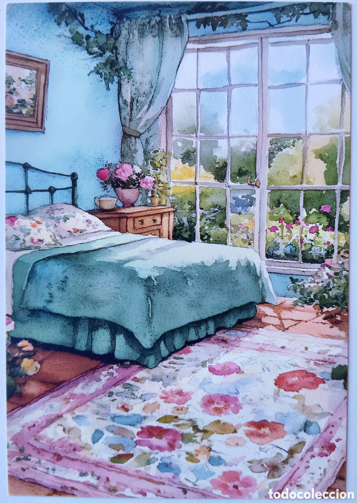 Postales: POSTAL NAVIDAD - ESCENA HOGARE&Ntilde;A DORMITORIO VENTANAL JARD&Iacute;N - ESTILO ANTIGUO