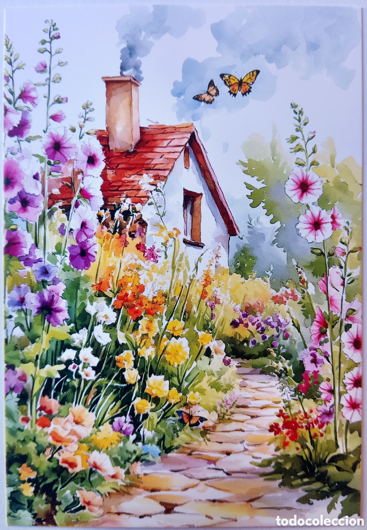 Postales: POSTAL NAVIDAD - CASA COTTAGE JARD&Iacute;N FLORES - ESTILO ANTIGUO