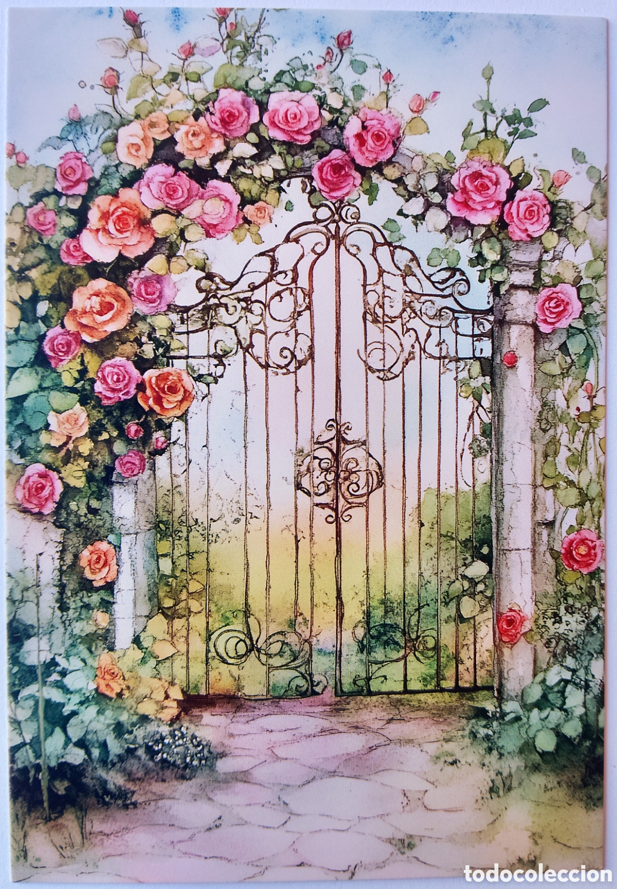 Postales: POSTAL NAVIDAD - DETALLE PUERTA HIERRO JARD&Iacute;N FLORES ROSAS - ESTILO ANTIGUO