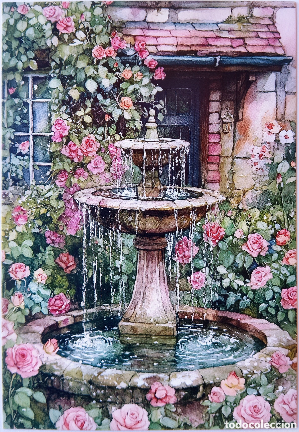 Postales: POSTAL NAVIDAD - DETALLE FUENTE FLORES ROSAS JARD&Iacute;N - ESTILO ANTIGUO