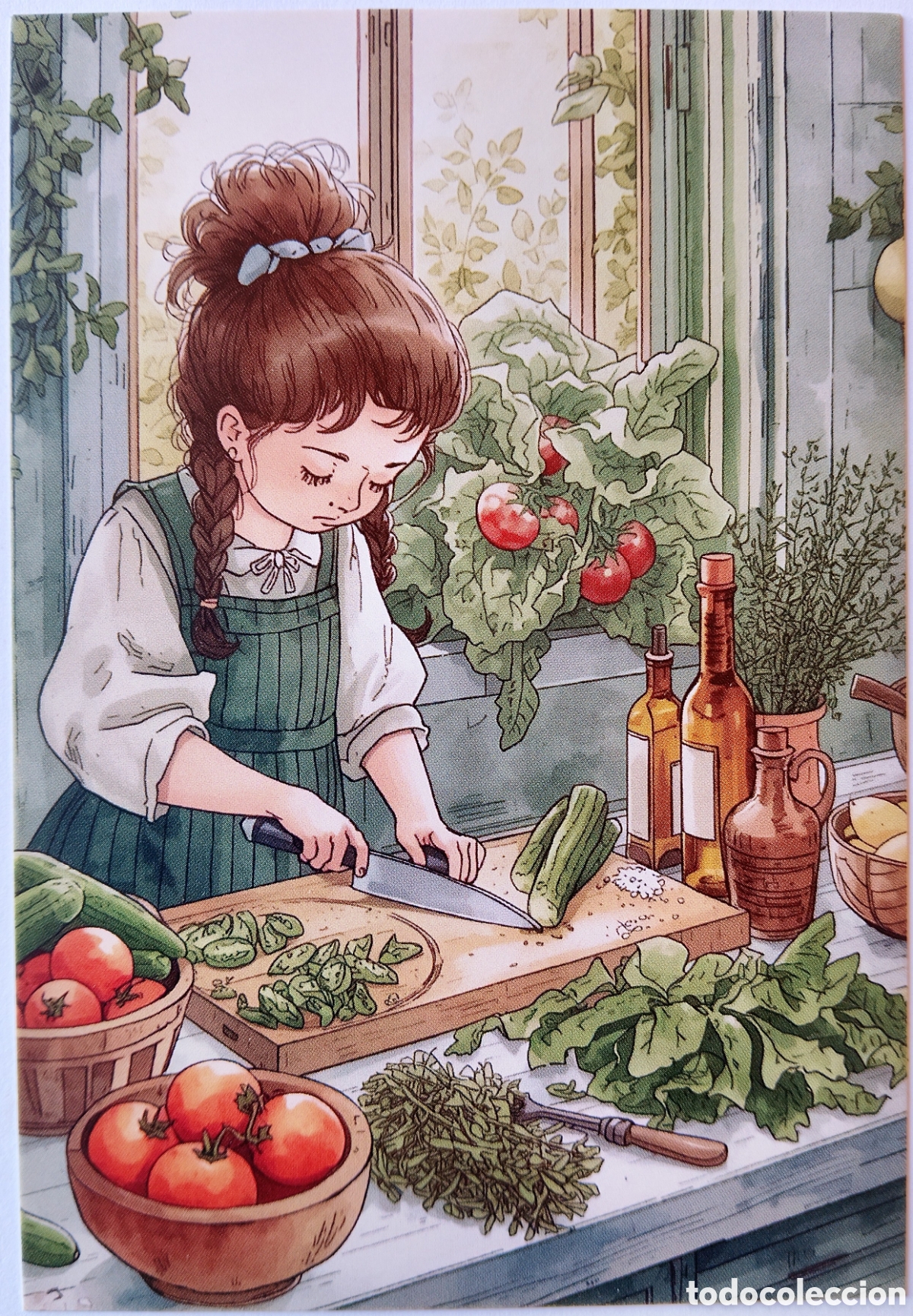 Postales: POSTAL NAVIDAD - ESCENA HOGARE&Ntilde;A NI&Ntilde;A CORTANDO VERDURAS COCINA - ESTILO ANTIGUO