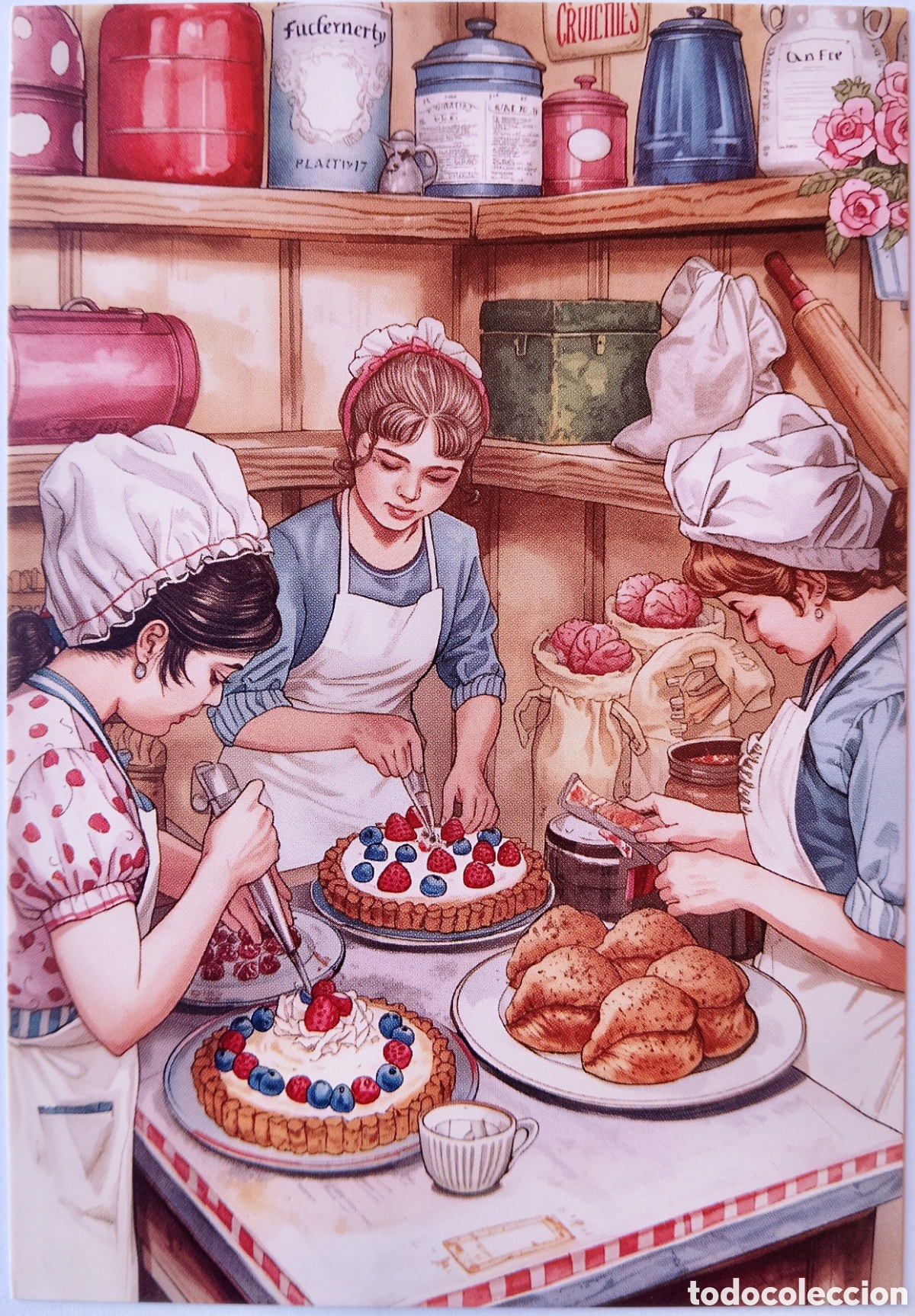 Postales: POSTAL NAVIDAD - ESCENA HOGARE&Ntilde;A CHICAS HACIENDO TARTAS REPOSTER&Iacute;A - ESTILO ANTIGUO