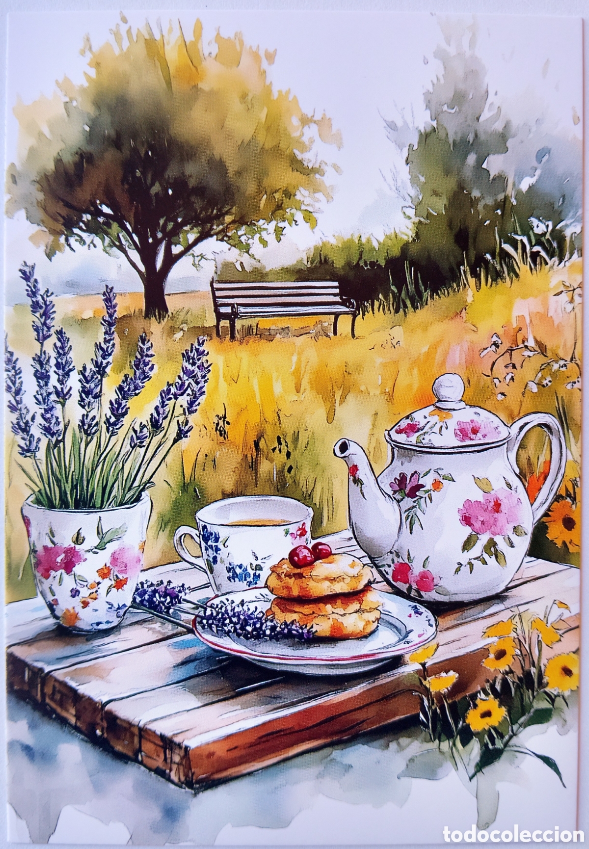 Postales: POSTAL NAVIDAD - DETALLE T&Eacute; MERIENDA JARD&Iacute;N LAVANDA - ESTILO ANTIGUO