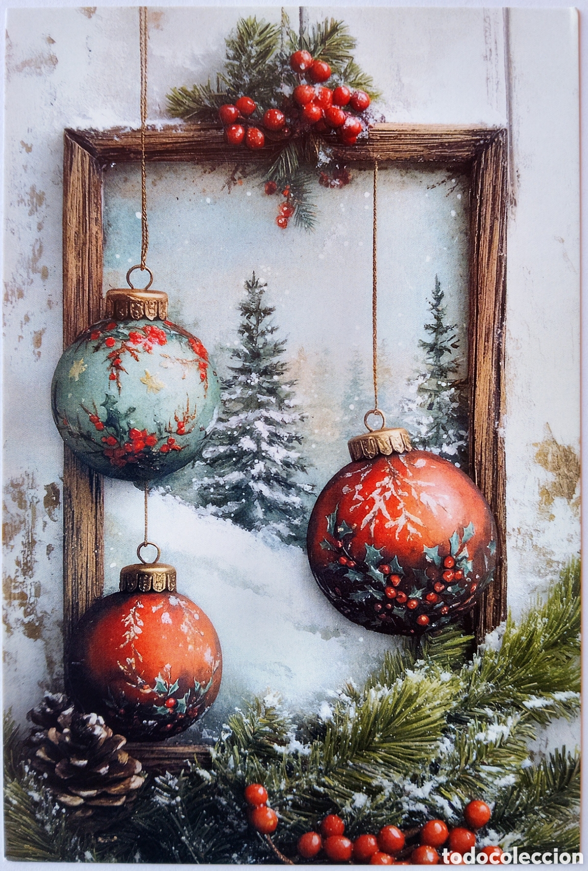 Postales: POSTAL NAVIDAD - BOLAS ADORNOS PAISAJE NEVADO - ESTILO ANTIGUO