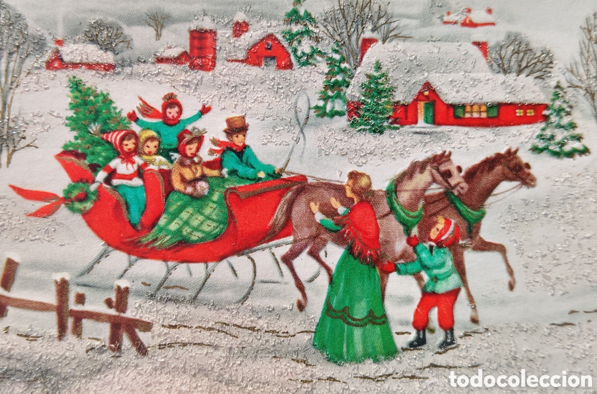 Postales: FELICITACI&Oacute;N NAVIDAD RELIEVE ANTIGUA - TRINEO CABALLOS PAISAJE NEVADO - PURPURINA
