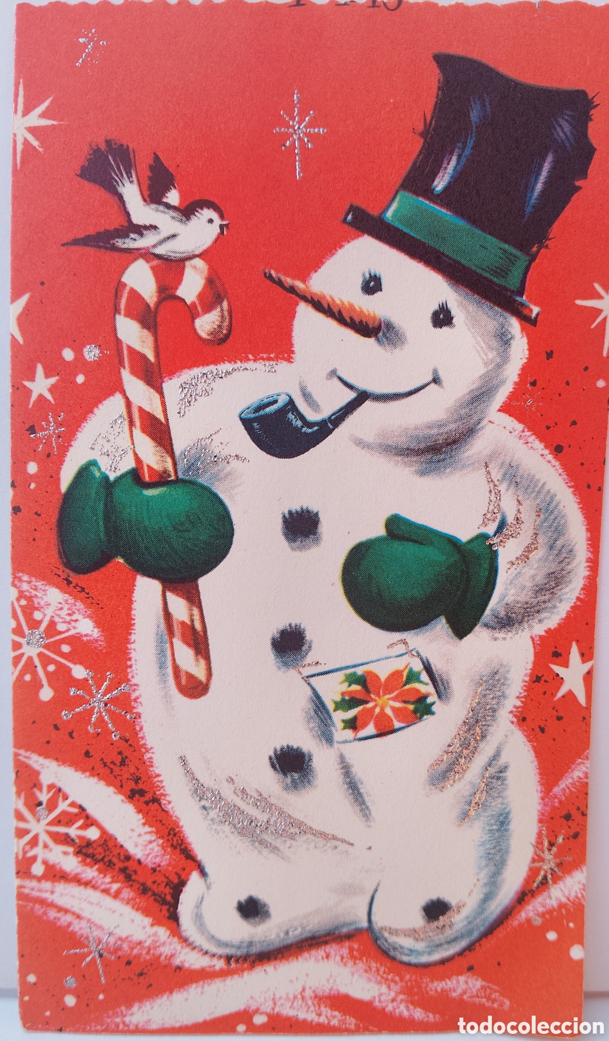 Postales: FELICITACI&Oacute;N NAVIDAD ANTIGUA - MU&Ntilde;ECO DE NIEVE PAJARITO - PURPURINA