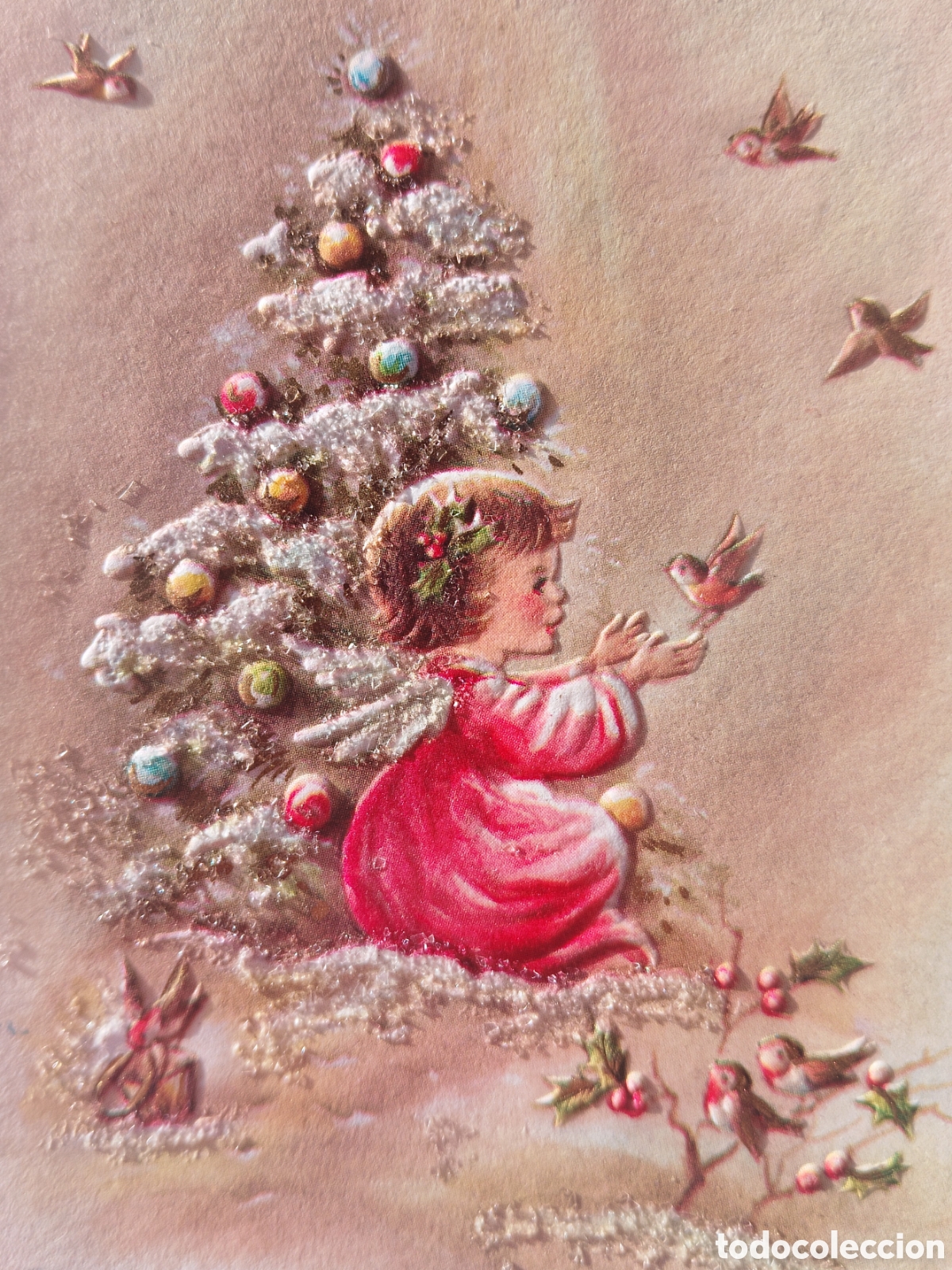 Postales: FELICITACI&Oacute;N NAVIDAD RELIEVE ANTIGUA - ANGELITO &Aacute;RBOL PAJARITOS - PURPURINA