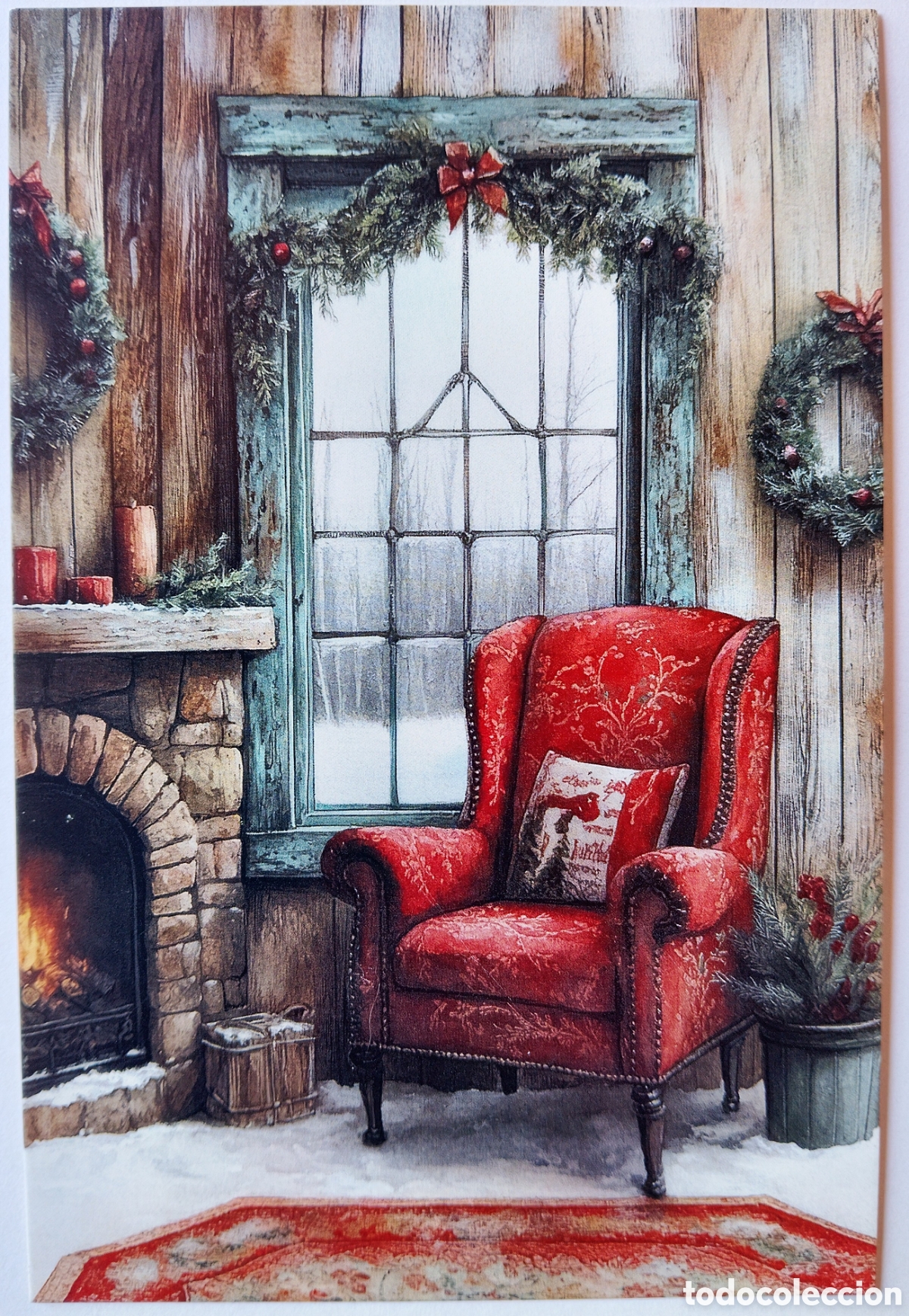 Postales: POSTAL NAVIDAD - ESCENA HOGARE&Ntilde;A SILL&Oacute;N CHIMENEA VENTANA - ESTILO ANTIGUO