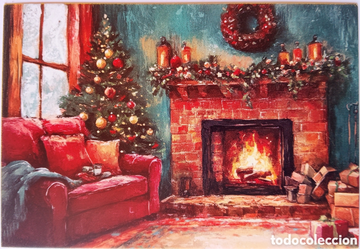 Postales: POSTAL NAVIDAD - ESCENA HOGARE&Ntilde;A &Aacute;RBOL CHIMENEA - ESTILO ANTIGUO