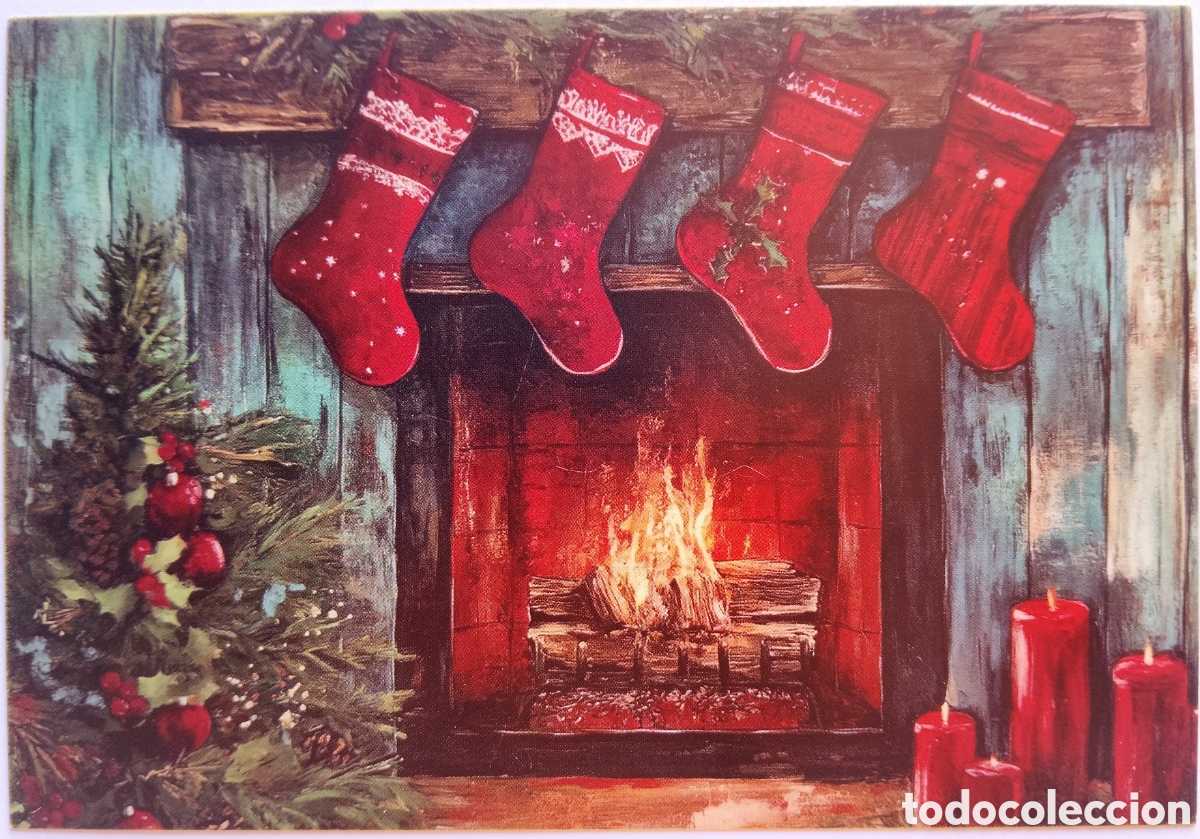 Postales: POSTAL NAVIDAD - ESCENA HOGARE&Ntilde;A CHIMENEA CALCETINES - ESTILO ANTIGUO